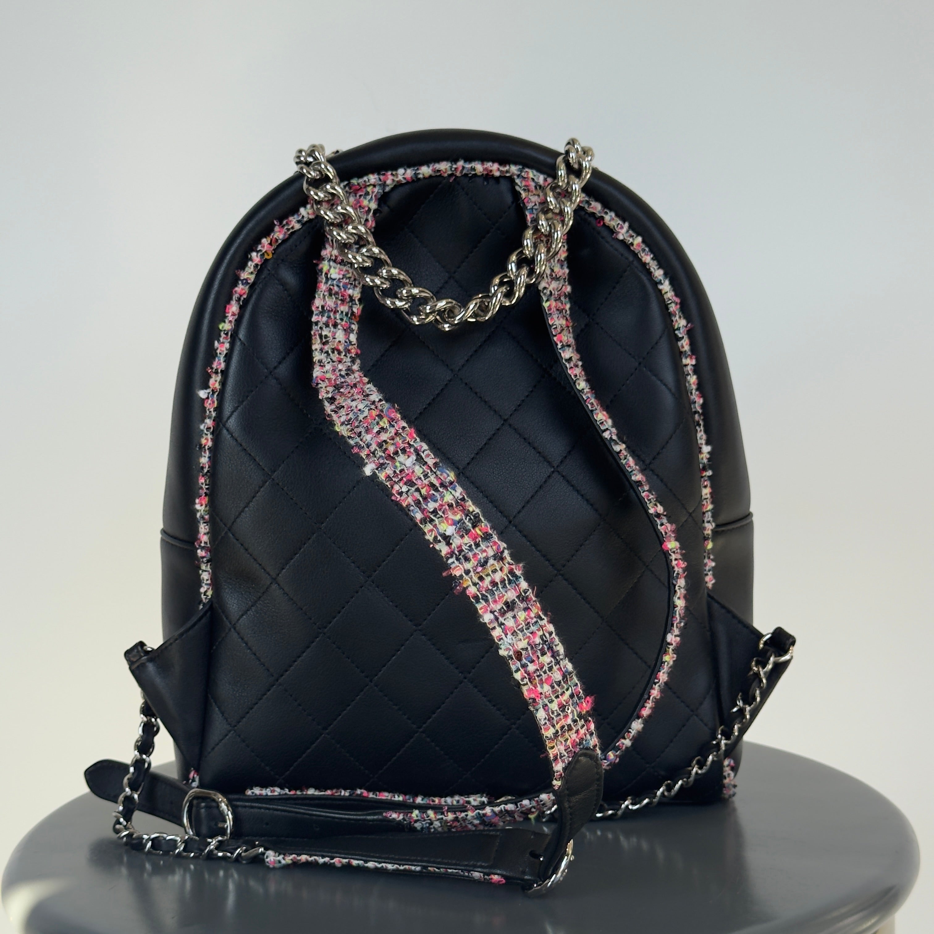 Chanel Elegant Trim Backpack Quilted Leather With Tweed Small - Queen May