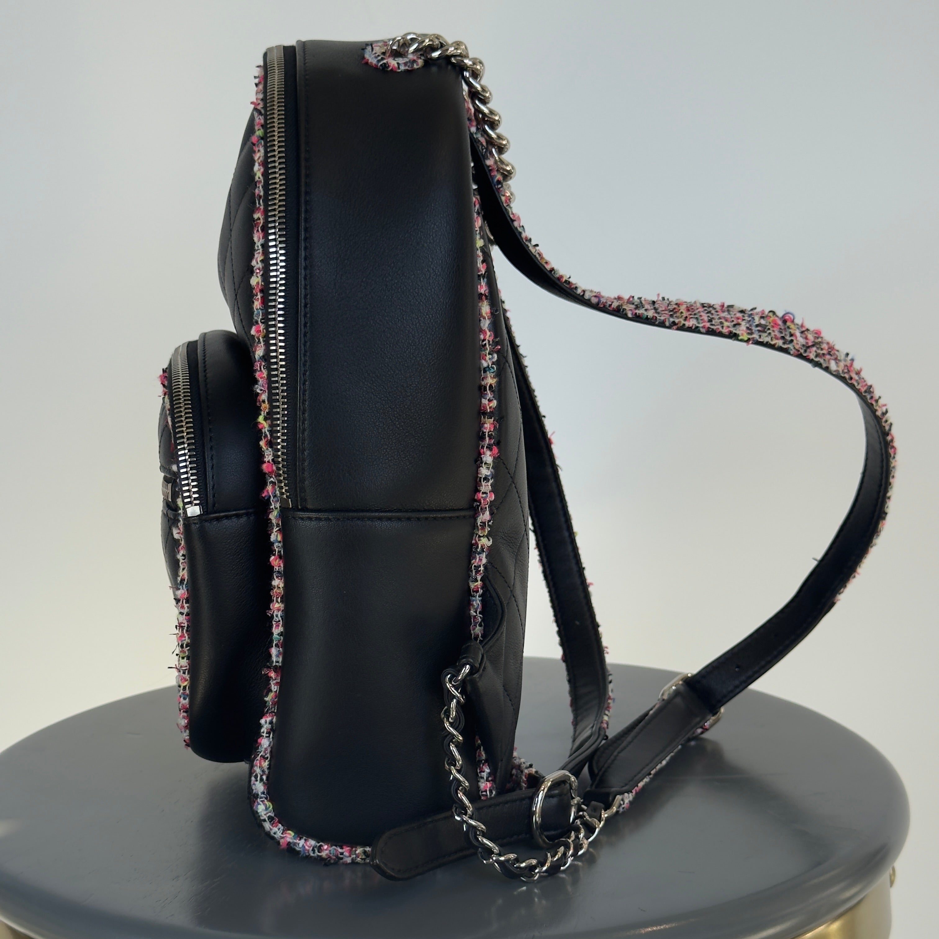 Chanel Elegant Trim Backpack Quilted Leather With Tweed Small - Queen May