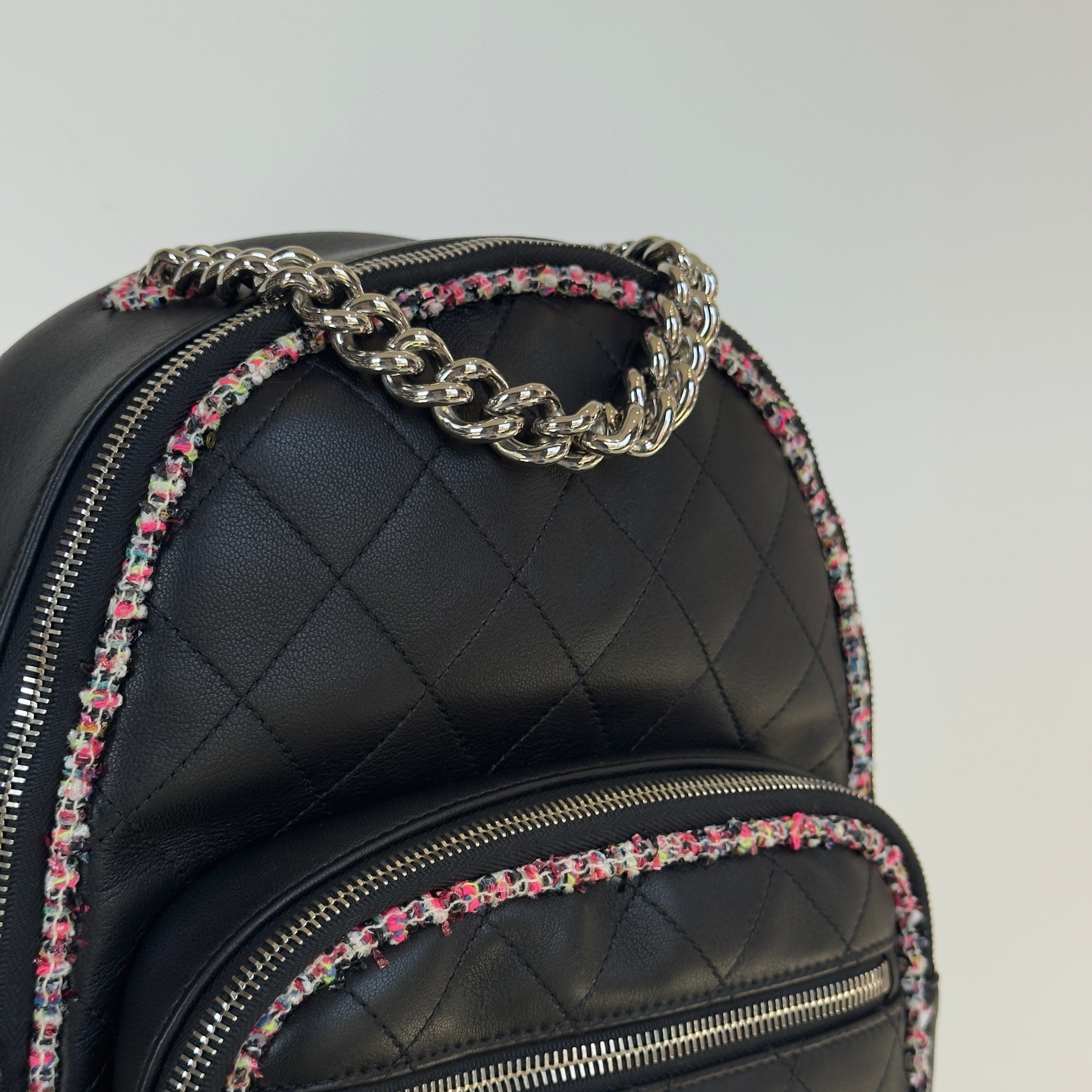 Chanel Elegant Trim Backpack Quilted Leather With Tweed Small - Queen May