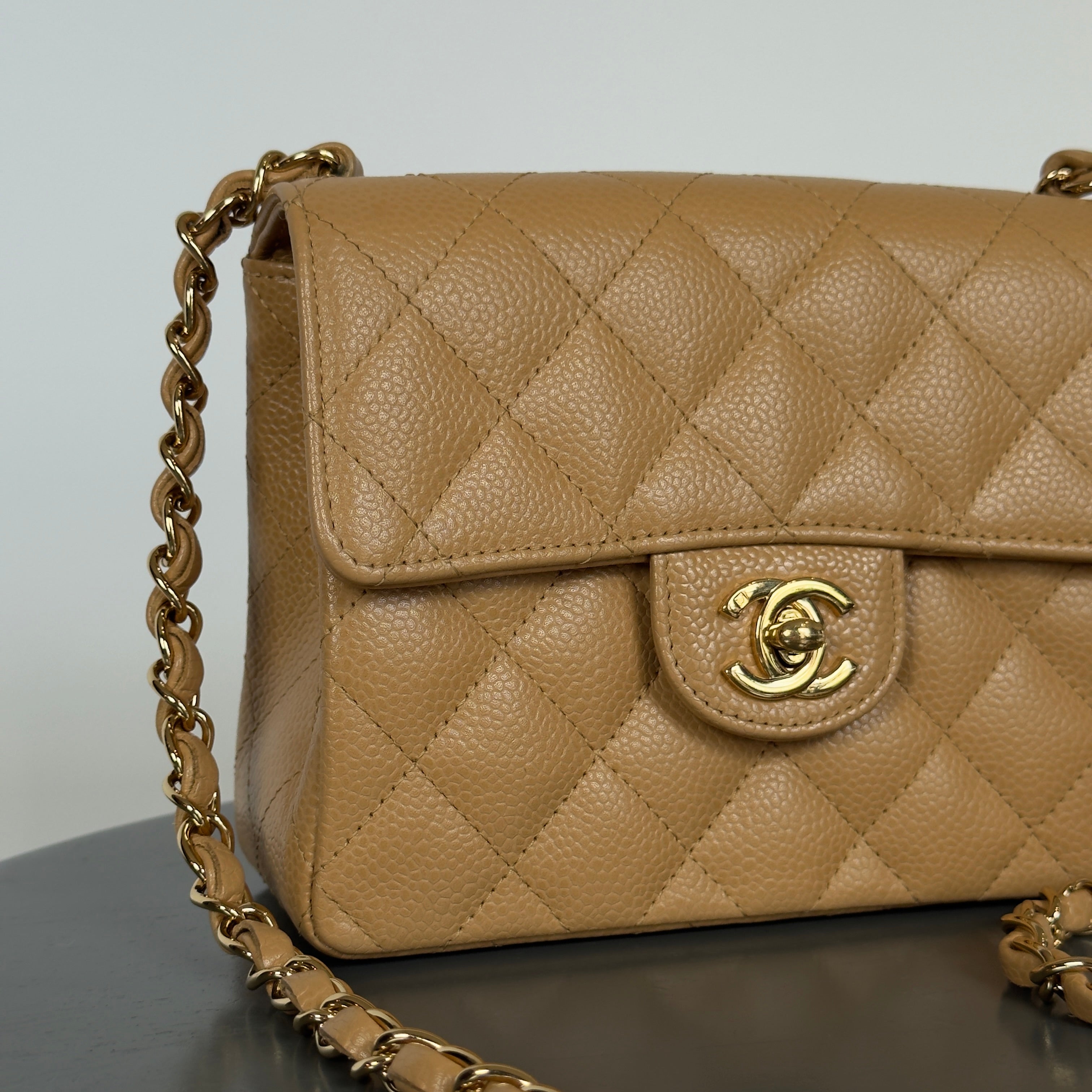 Chanel Vintage Camel Beige Quilted Caviar Mini Square Classic Single Flap Gold Hardware - Queen May