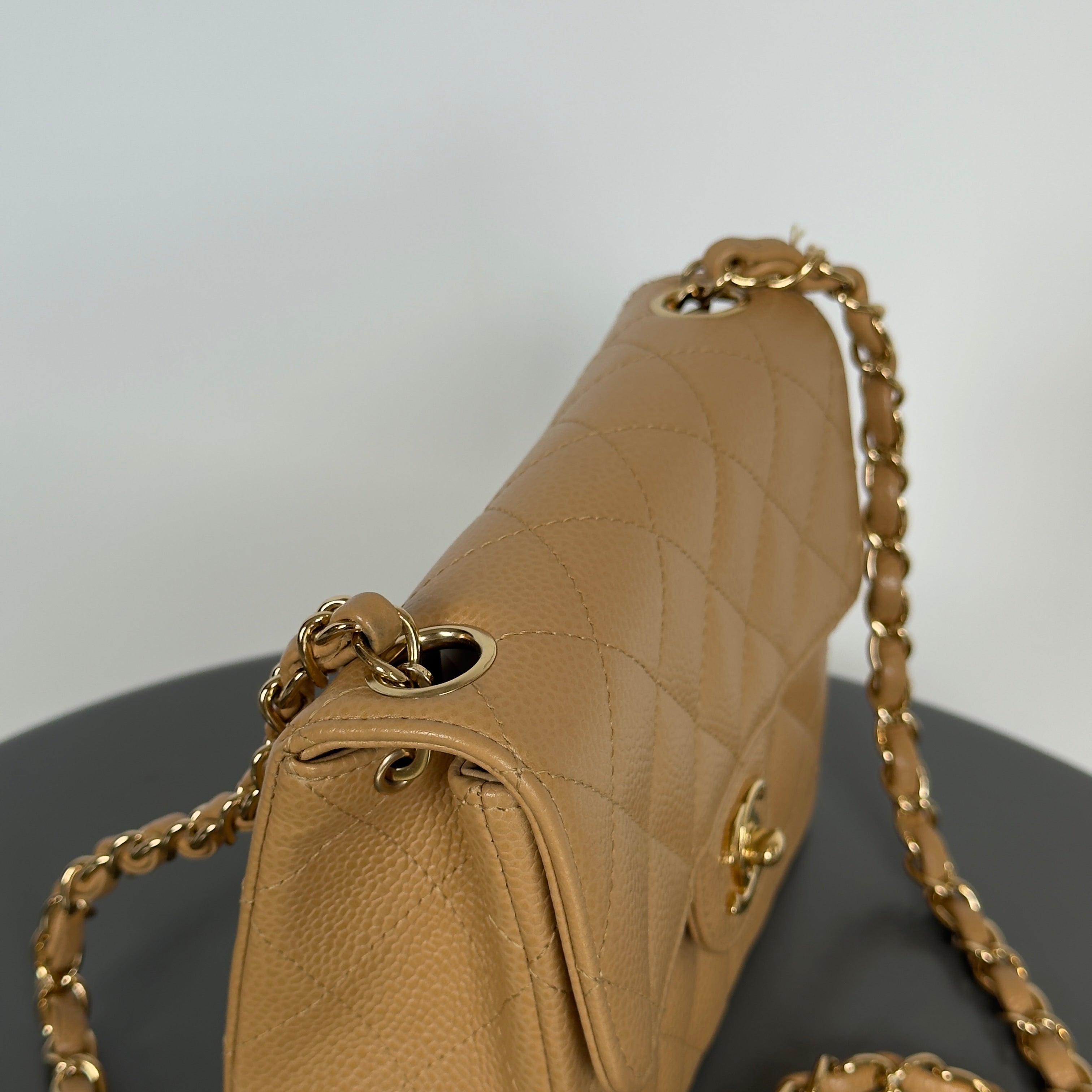 Chanel Vintage Camel Beige Quilted Caviar Mini Square Classic Single Flap Gold Hardware - Queen May