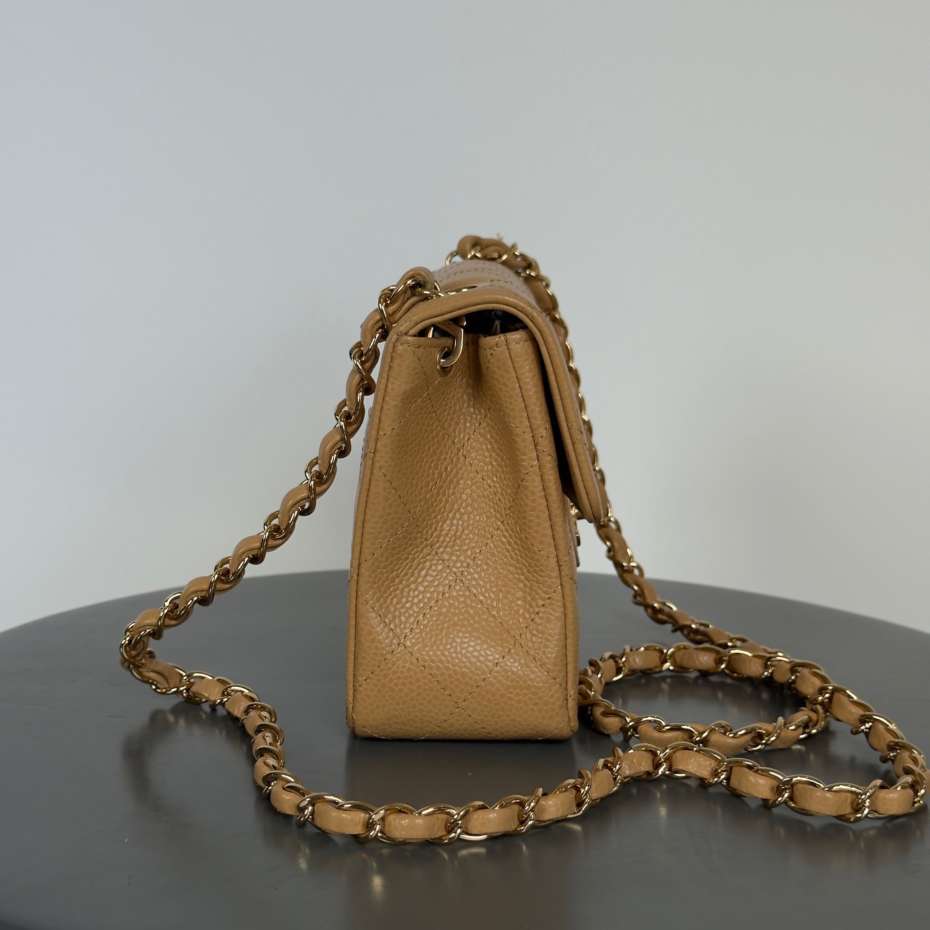 Chanel Vintage Camel Beige Quilted Caviar Mini Square Classic Single Flap Gold Hardware - Queen May