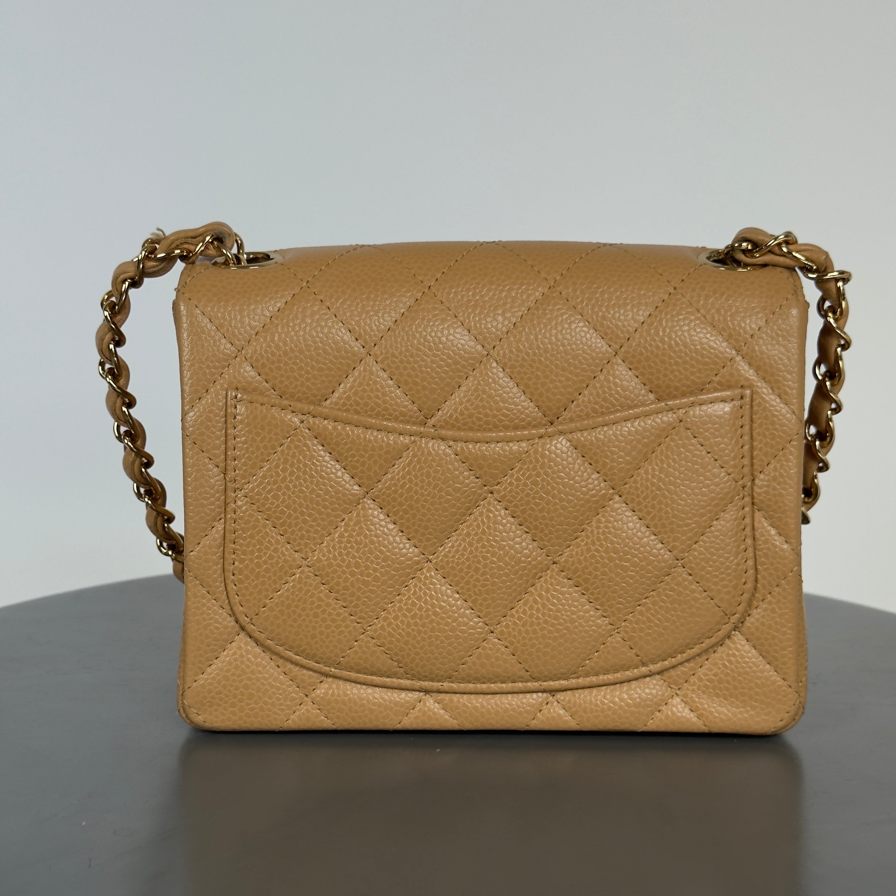 Chanel Vintage Camel Beige Quilted Caviar Mini Square Classic Single Flap Gold Hardware - Queen May