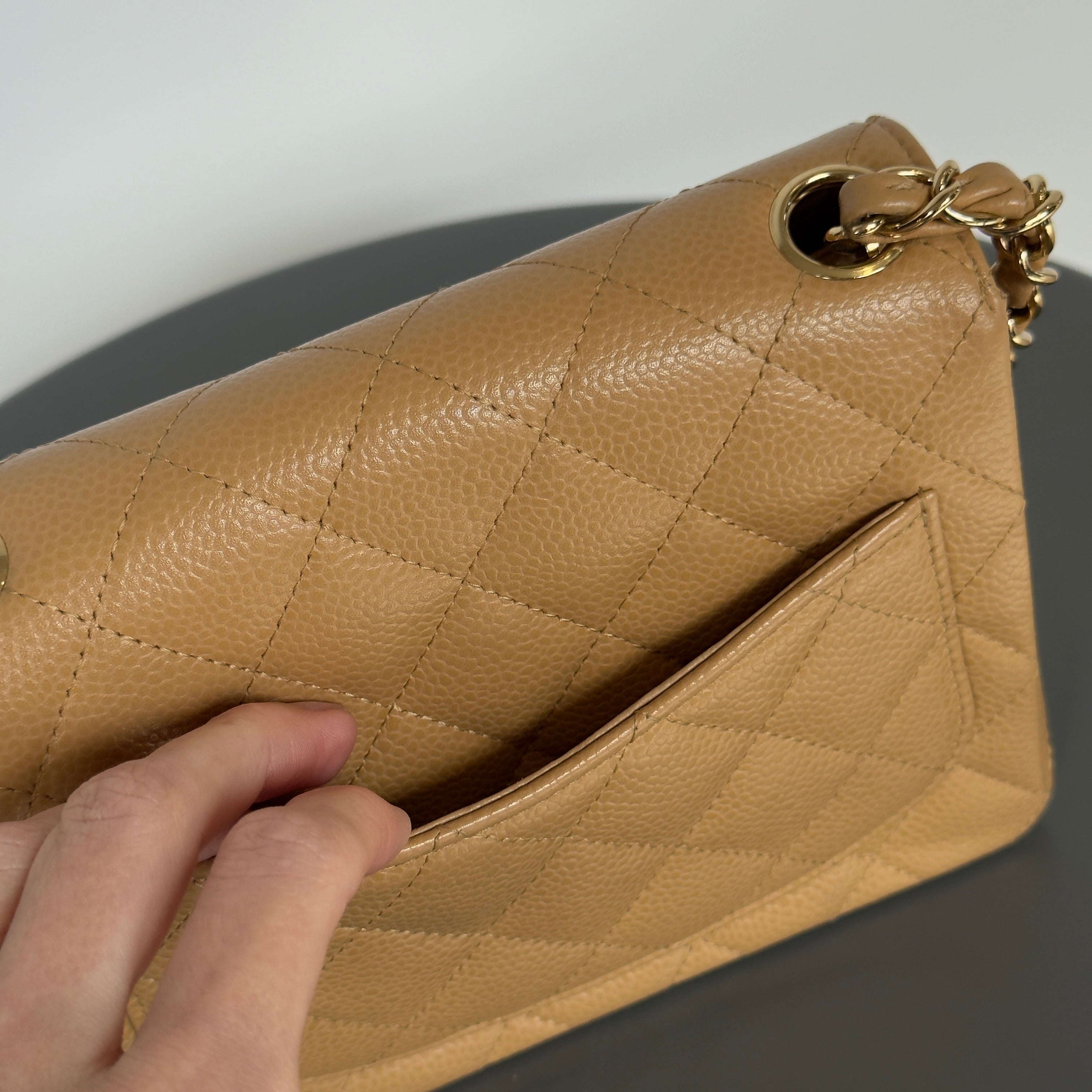 Chanel Vintage Camel Beige Quilted Caviar Mini Square Classic Single Flap Gold Hardware - Queen May
