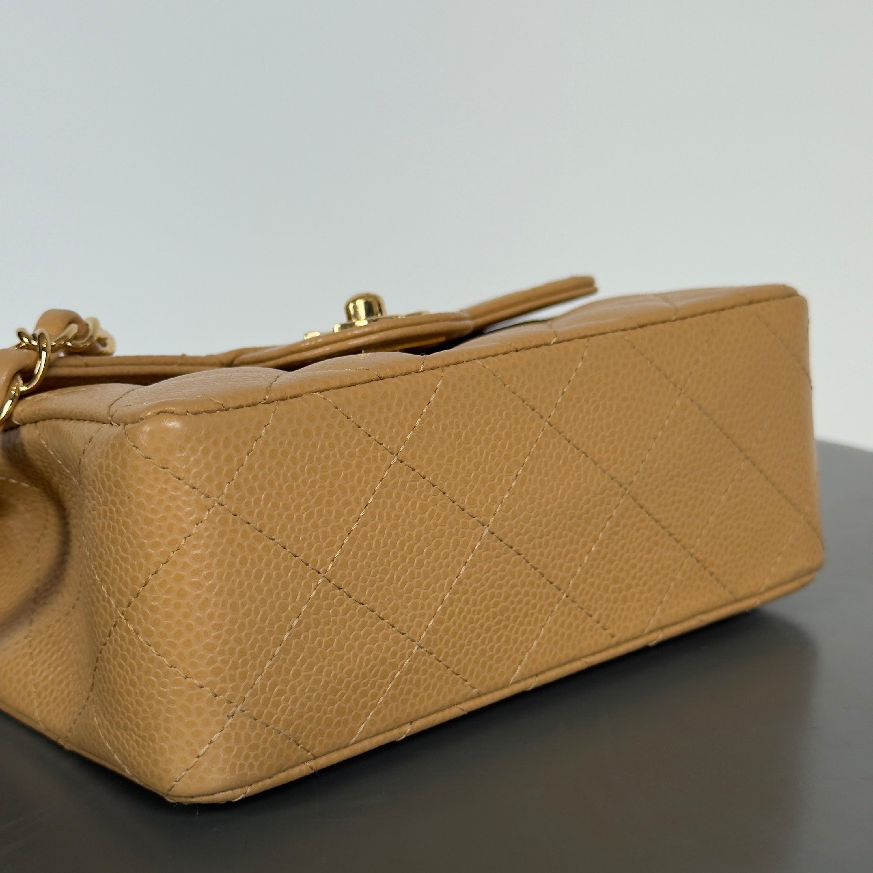 Chanel Vintage Camel Beige Quilted Caviar Mini Square Classic Single Flap Gold Hardware - Queen May