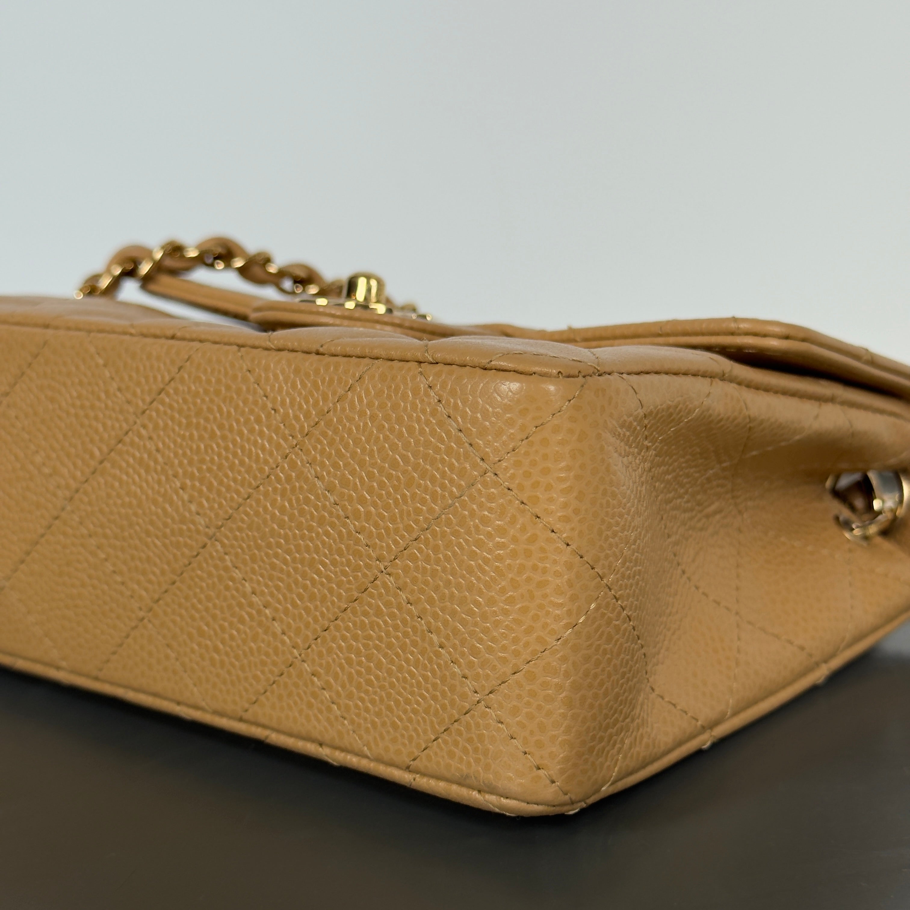 Chanel Vintage Camel Beige Quilted Caviar Mini Square Classic Single Flap Gold Hardware - Queen May