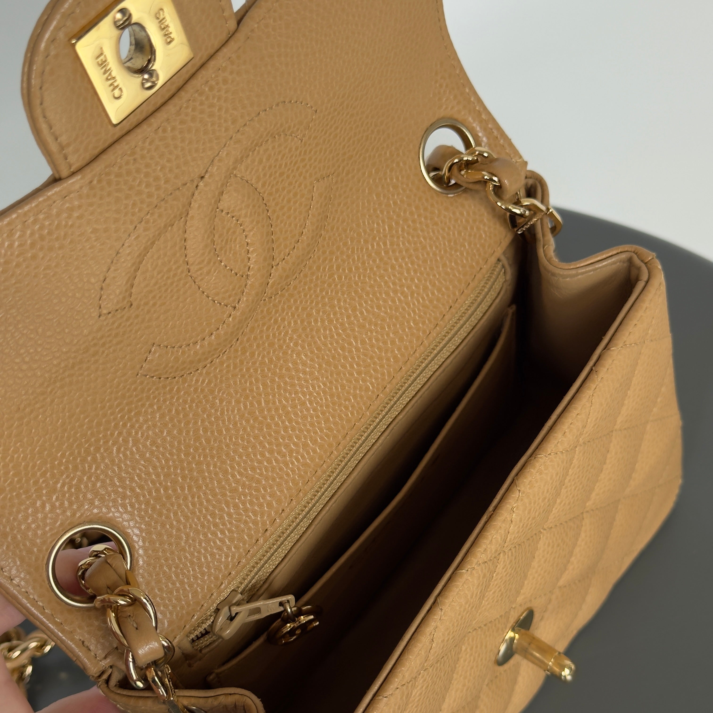 Chanel Vintage Camel Beige Quilted Caviar Mini Square Classic Single Flap Gold Hardware - Queen May