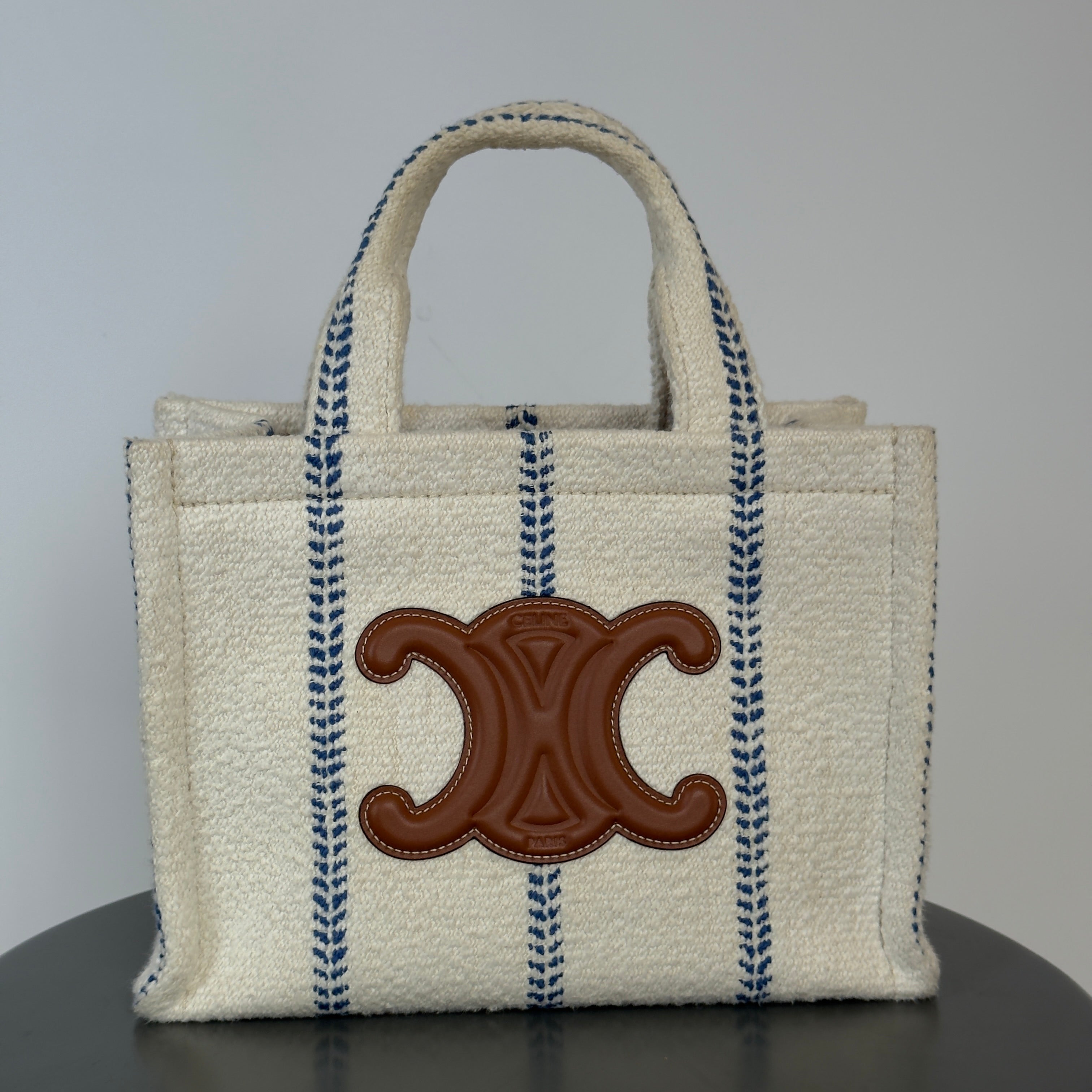 Celine Canvas Calfskin Stripe Triomphe Small Cabas White Blue - Queen May