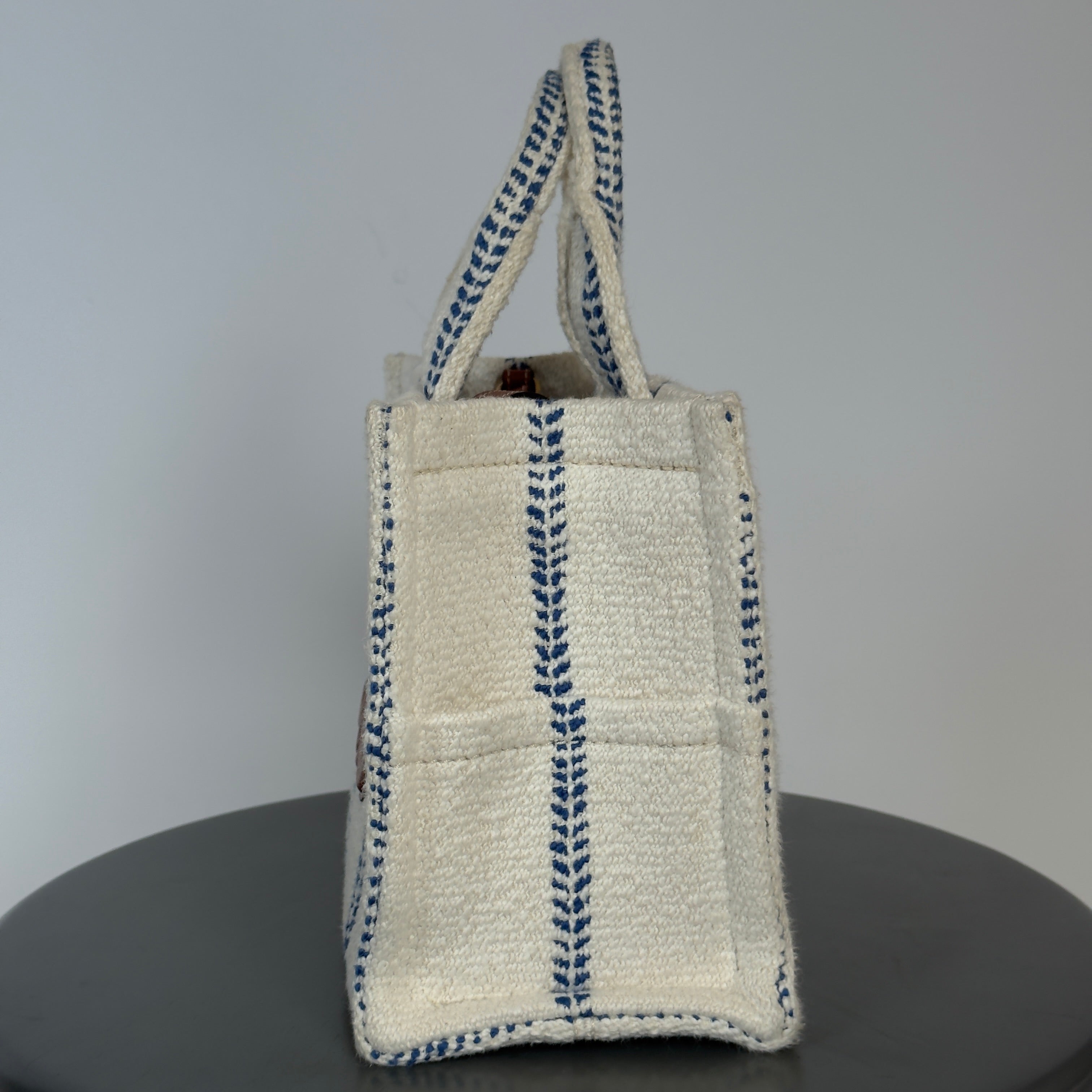Celine Canvas Calfskin Stripe Triomphe Small Cabas White Blue - Queen May