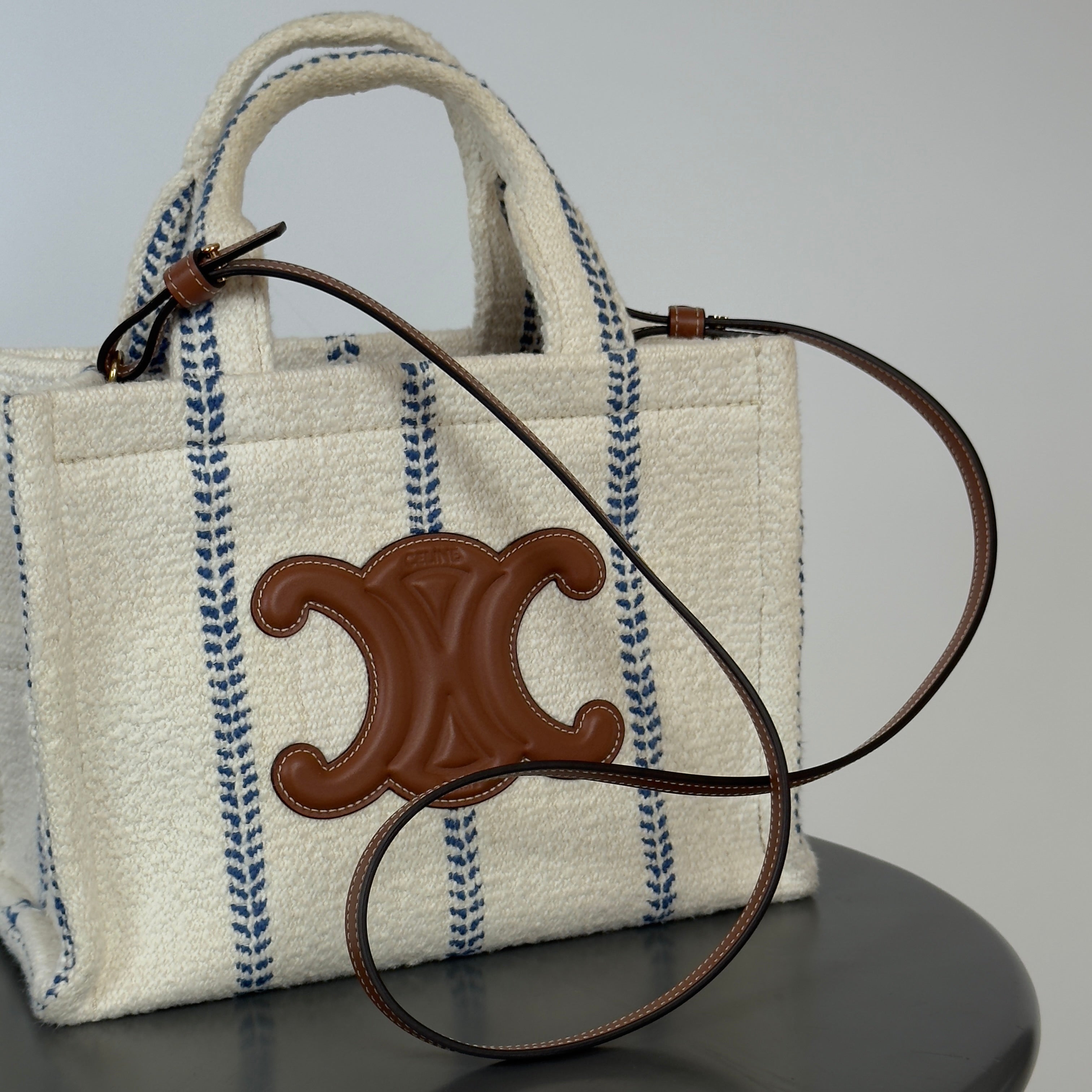 Celine Canvas Calfskin Stripe Triomphe Small Cabas White Blue - Queen May