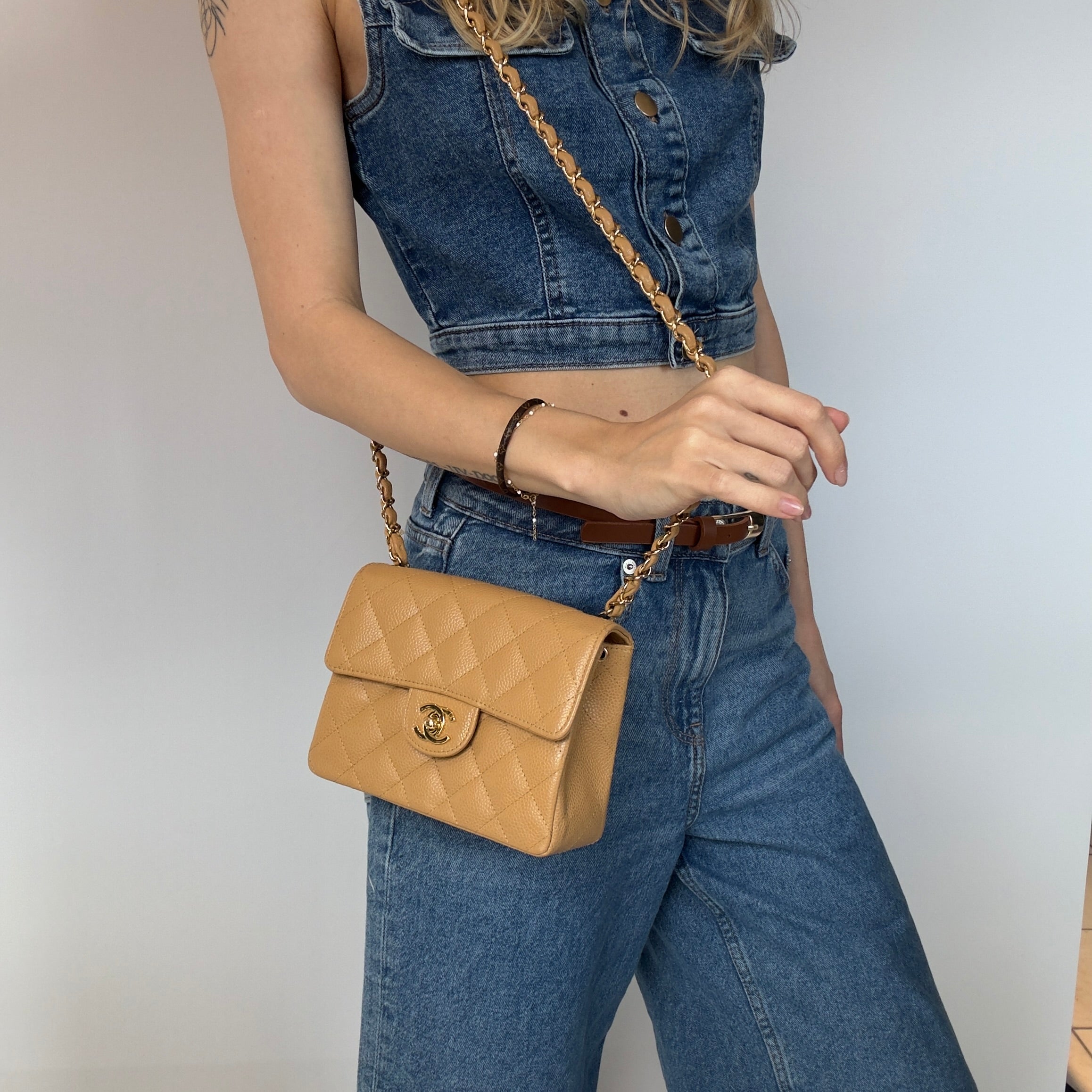 Chanel Vintage Camel Beige Quilted Caviar Mini Square Classic Single Flap Gold Hardware - Queen May