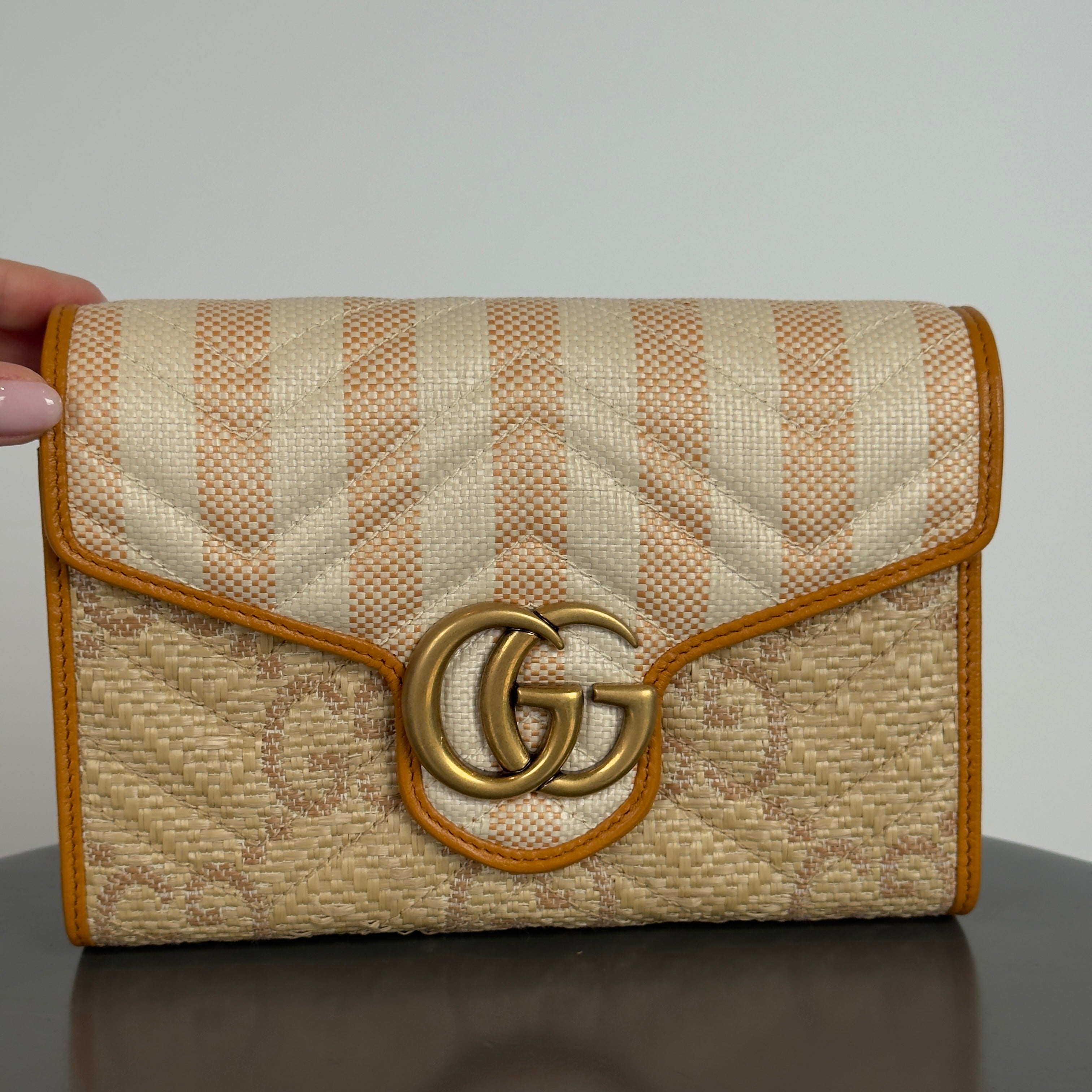 Gucci Marmont Raffia With Stripes Wallet On Chain - Queen May