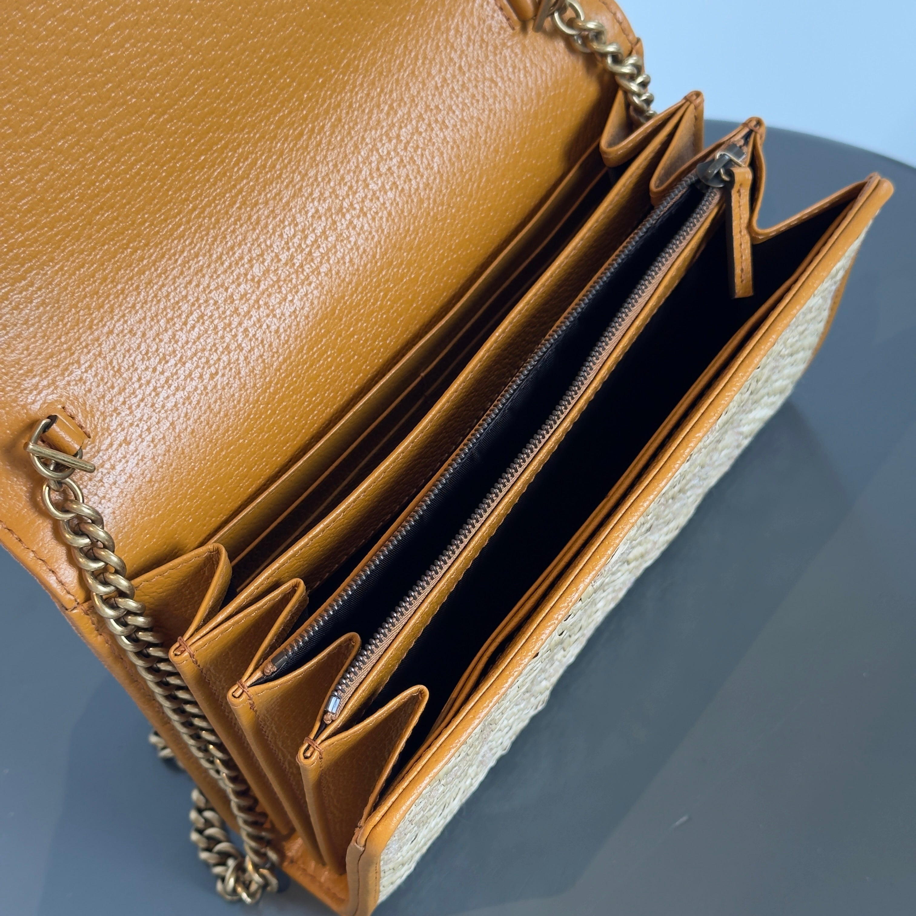 Gucci Marmont Raffia With Stripes Wallet On Chain - Queen May