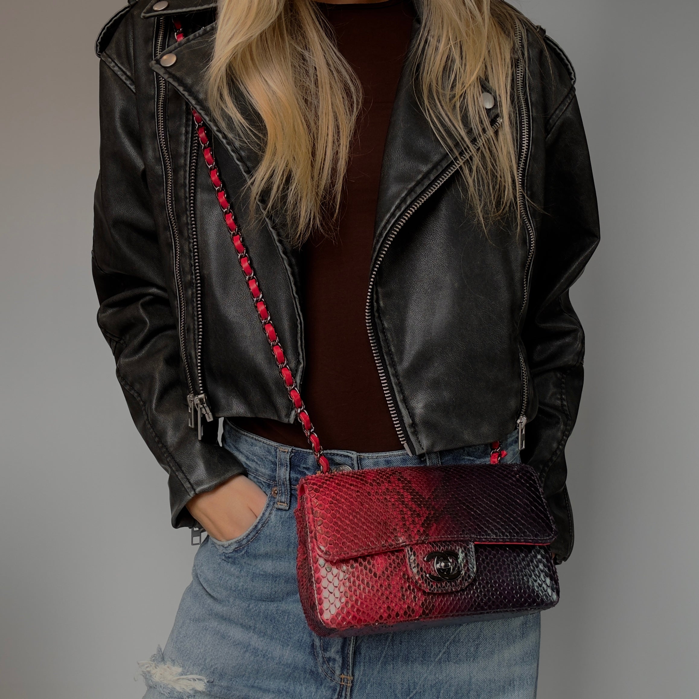 Chanel Mini Rectangular Flap Bag Red and Black Python Ruthenium Tone Hardware - Queen May