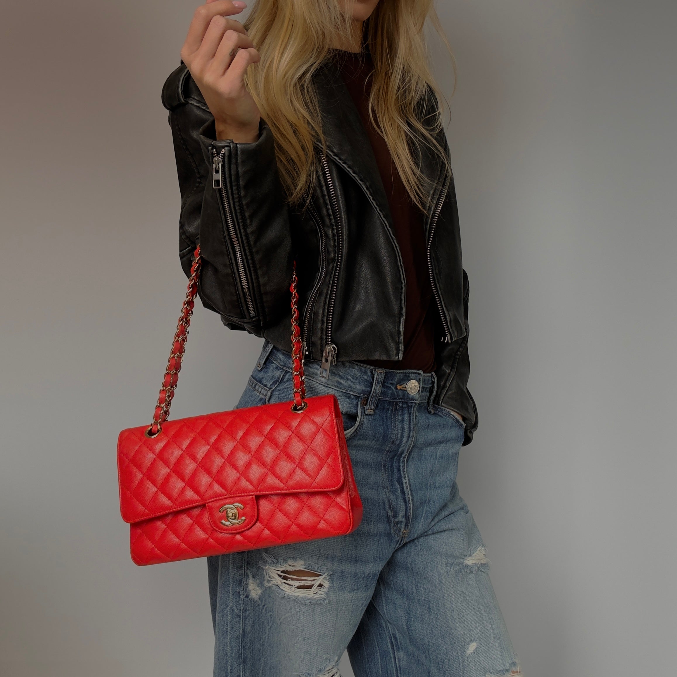 Chanel Caviar Quilted Medium Double Flap 2019 Red Orange Light Gold Hardware - Queen May