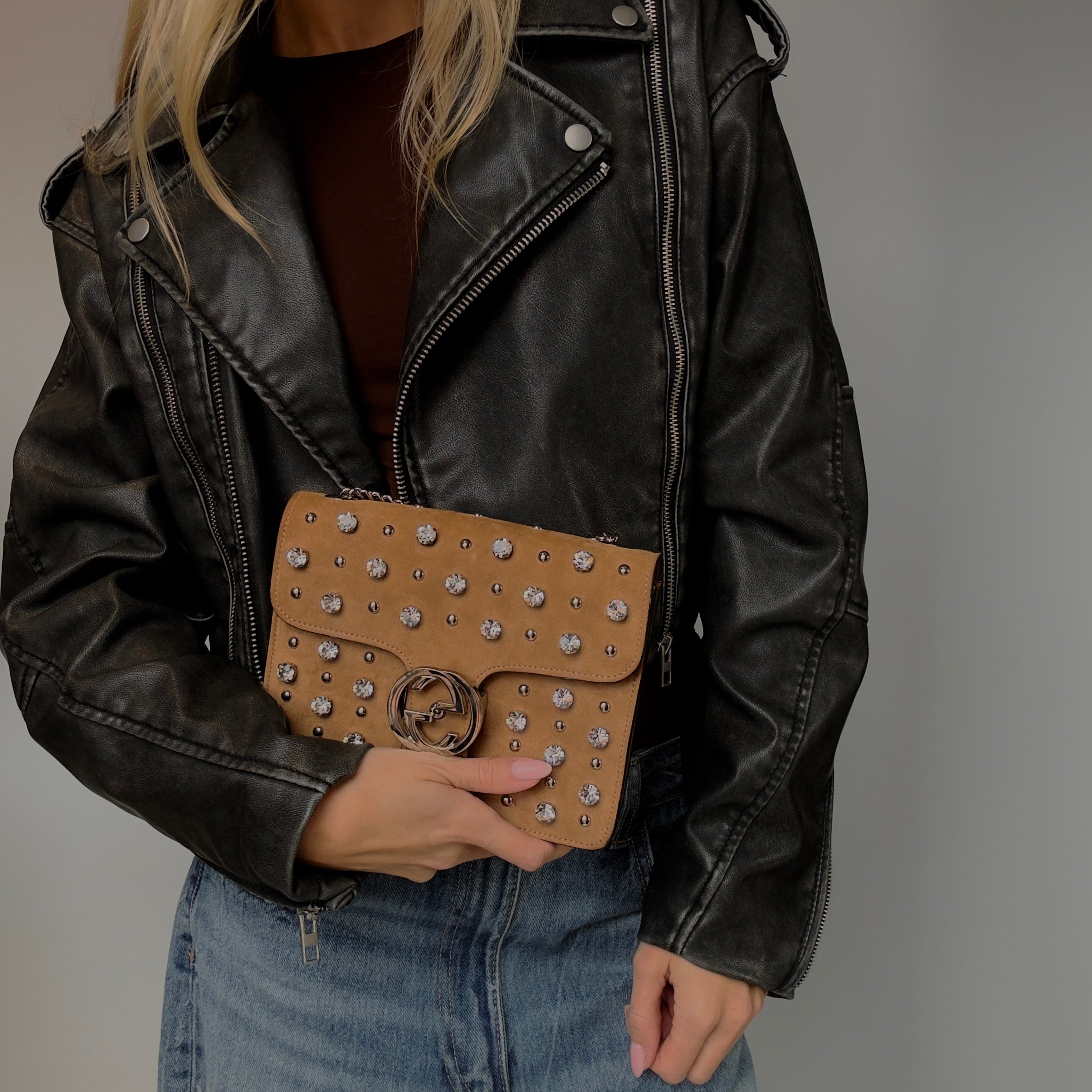 Gucci Interlocking Studded & Crystal Stones Suede Shoulder Bag Brown - Queen May