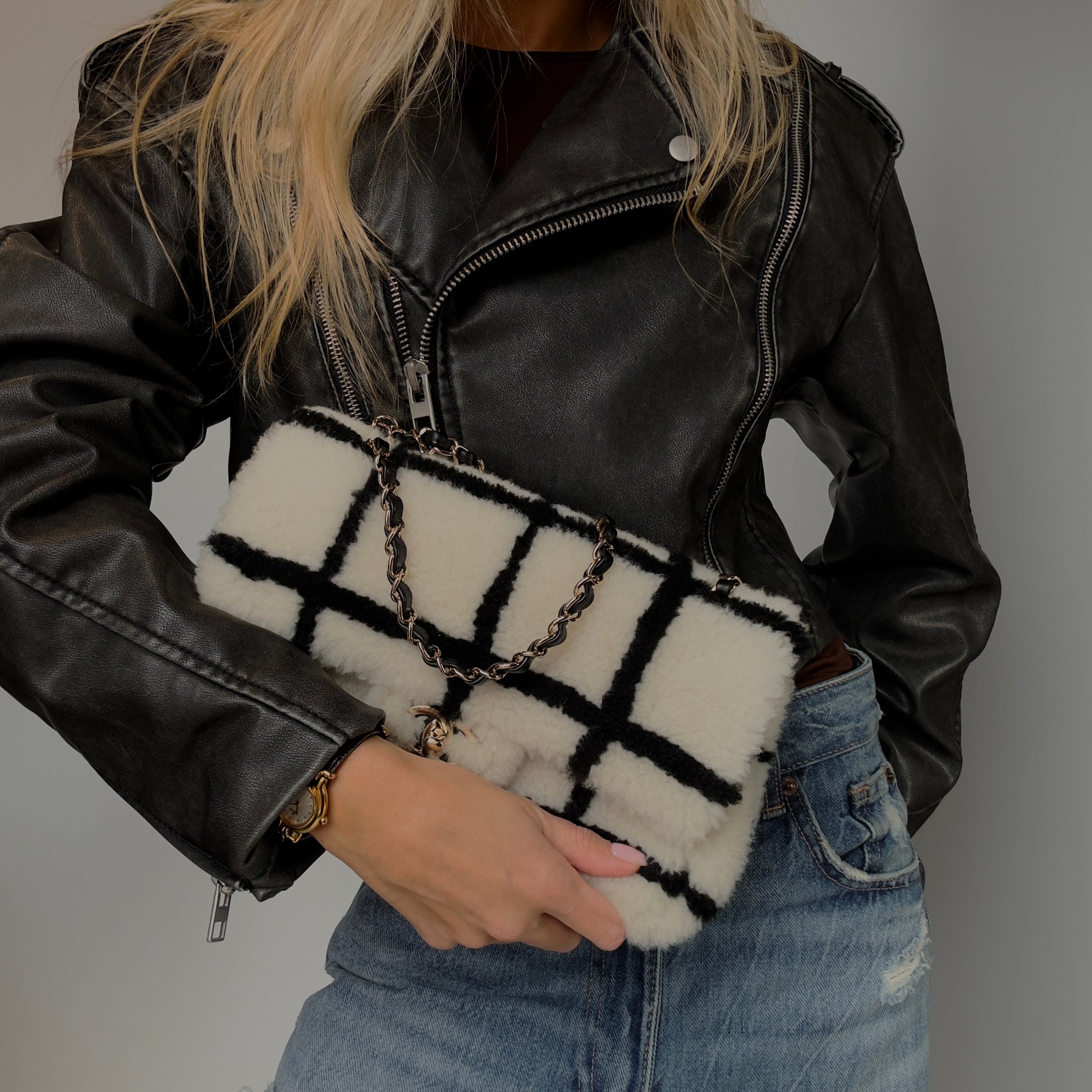 Chanel Black and White Shearling Flap - Queen May