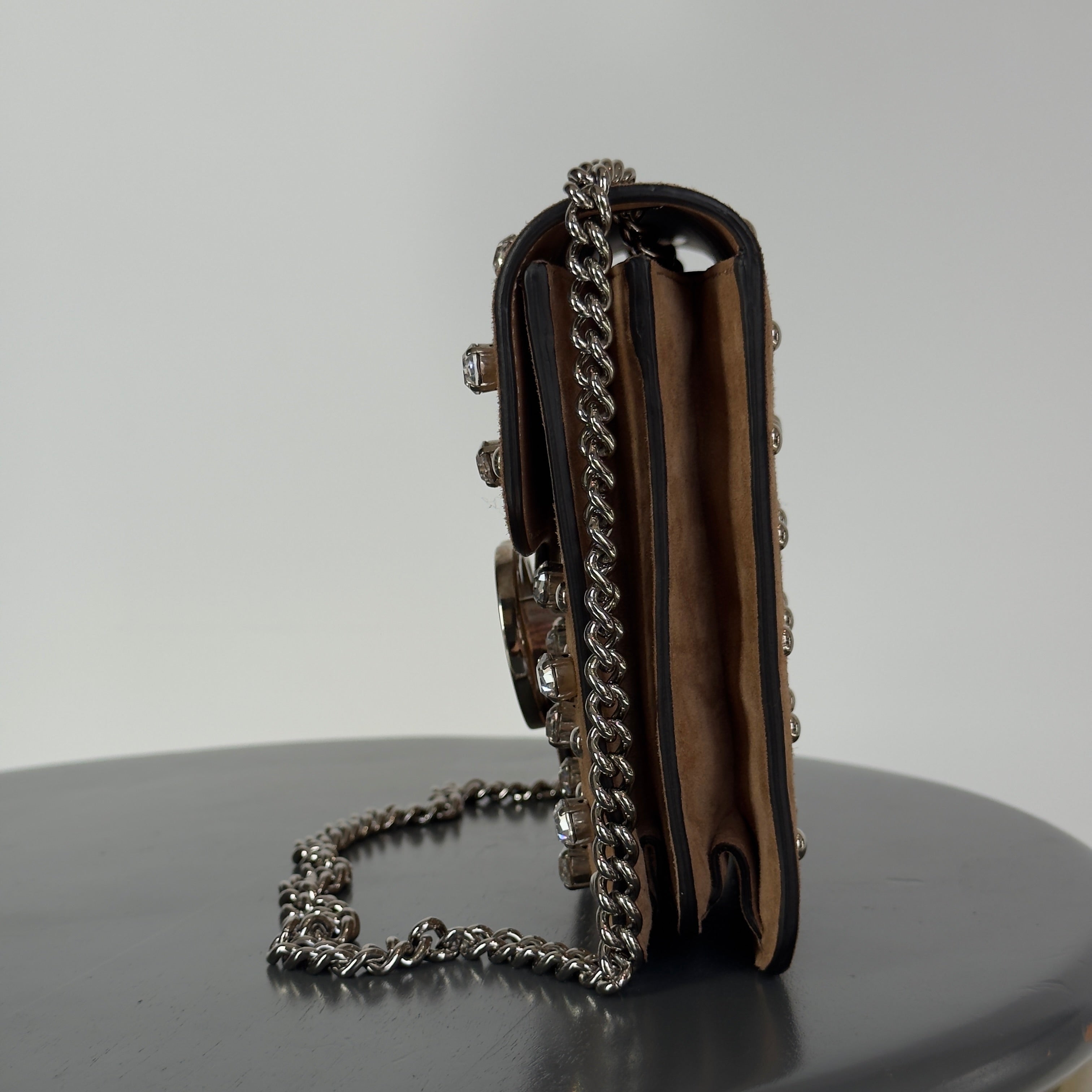 Gucci Interlocking Studded & Crystal Stones Suede Shoulder Bag Brown - Queen May