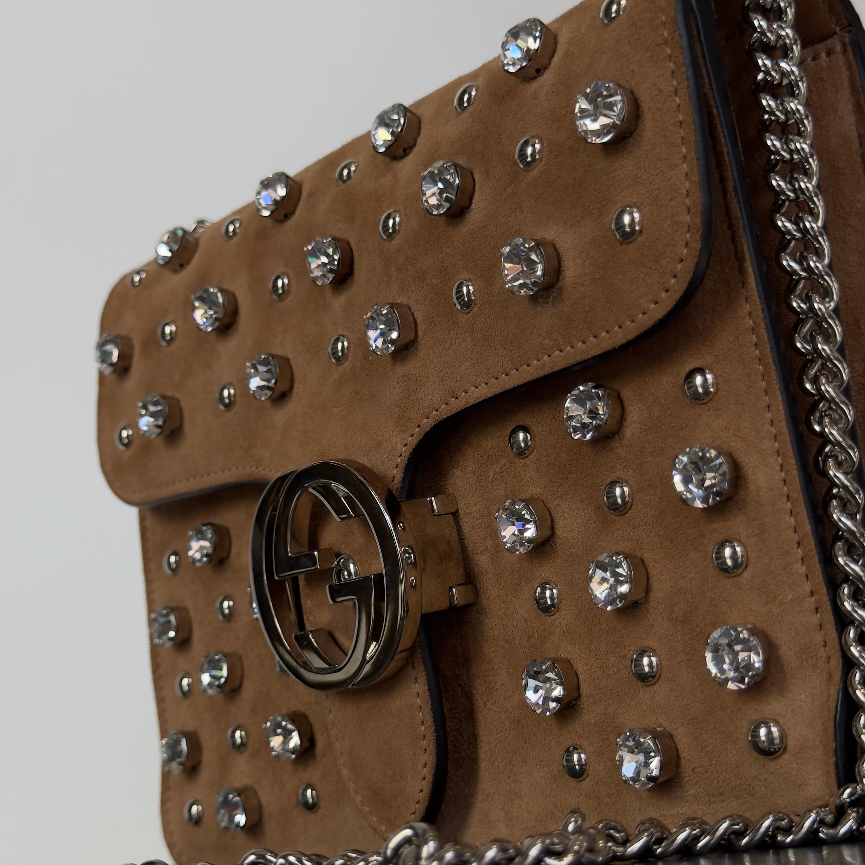 Gucci Interlocking Studded & Crystal Stones Suede Shoulder Bag Brown - Queen May