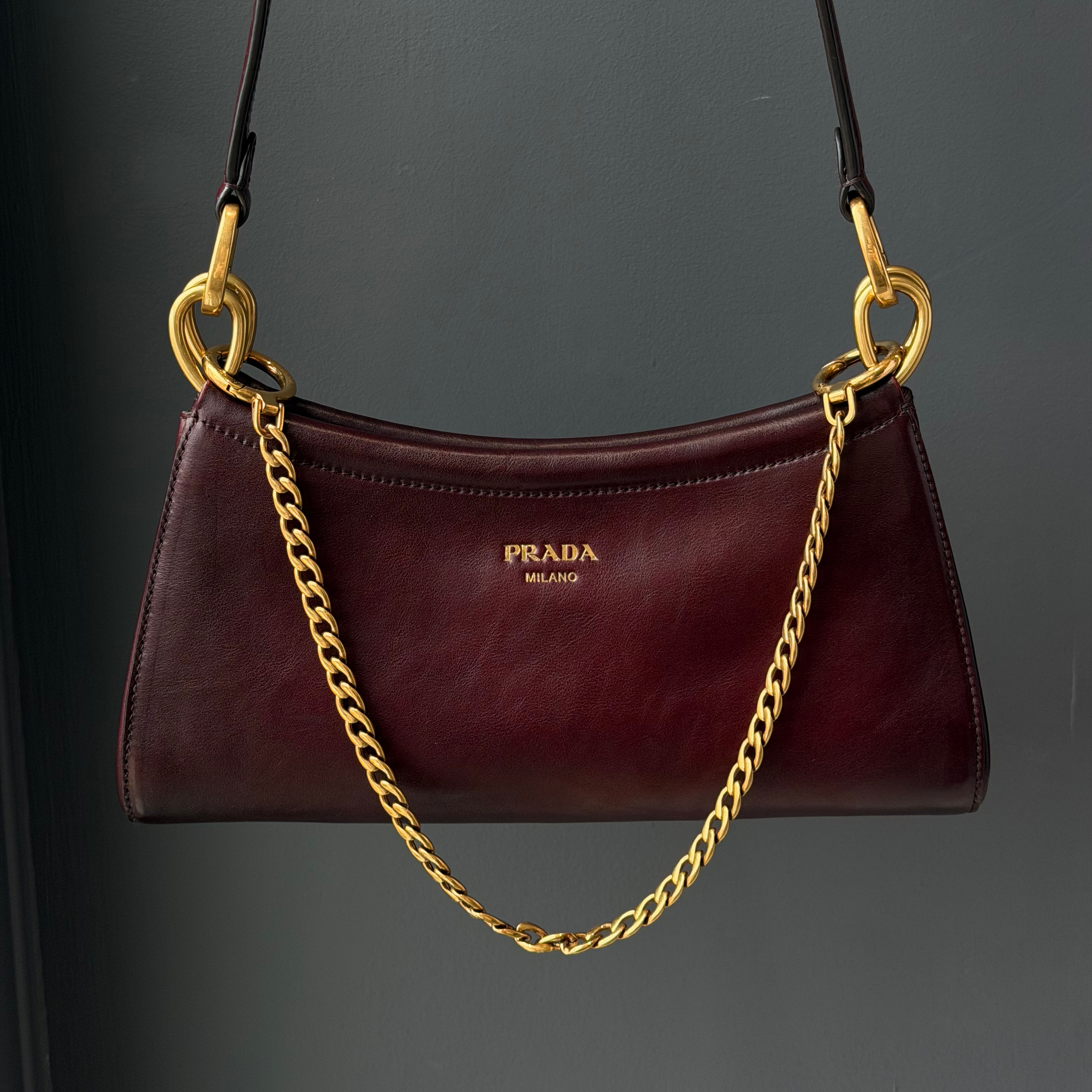 Ultra Rare Prada Fall 2025 Slouchy Burgundy Half Moon Shoulder Bag - Queen May