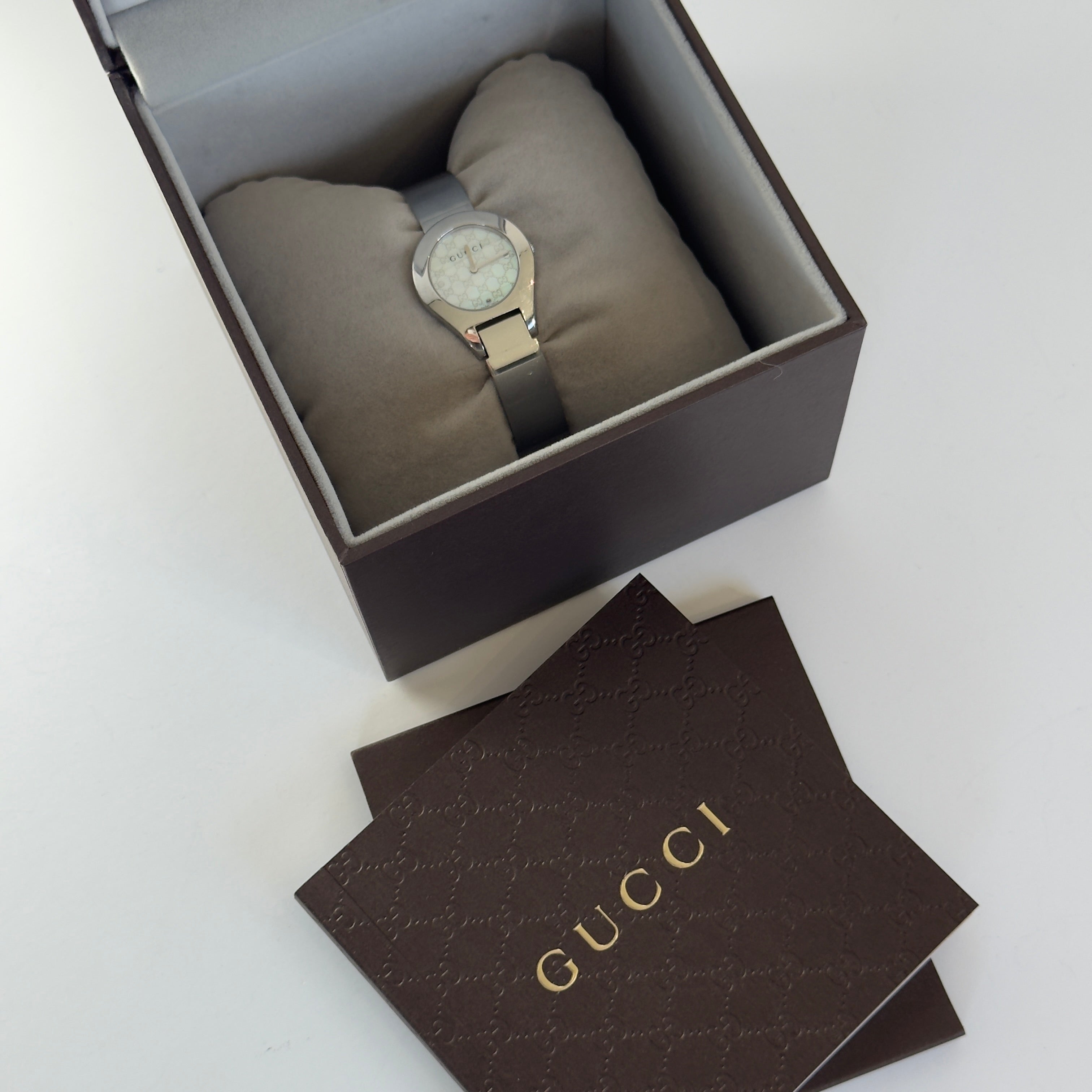 Gucci 6700L Stainless Steel Mother Of Pearl Dial Bangle Watch - Queen May