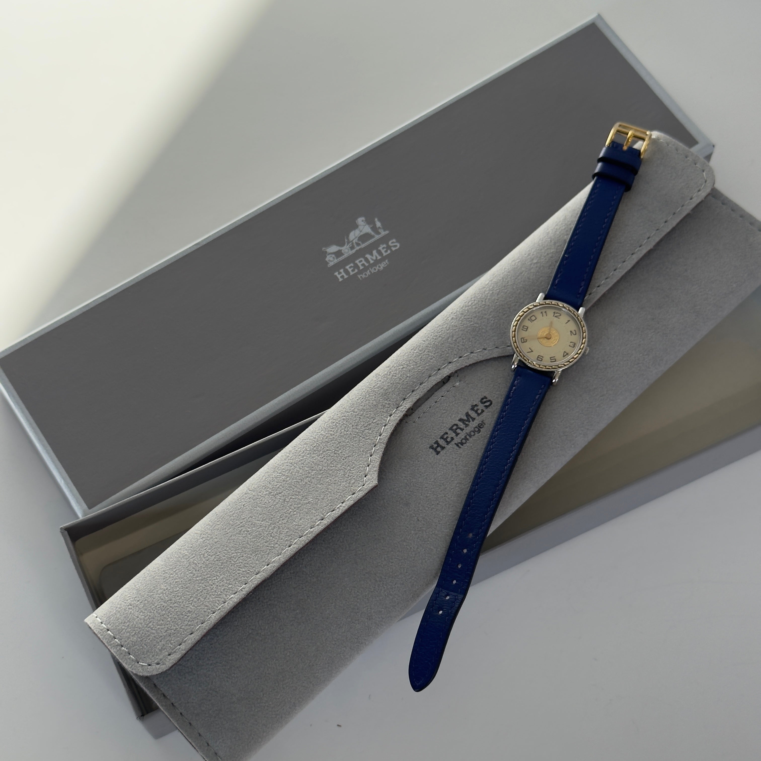 Hermes Gold Plated Sellier Watch With Blue Leather Strap - Queen May