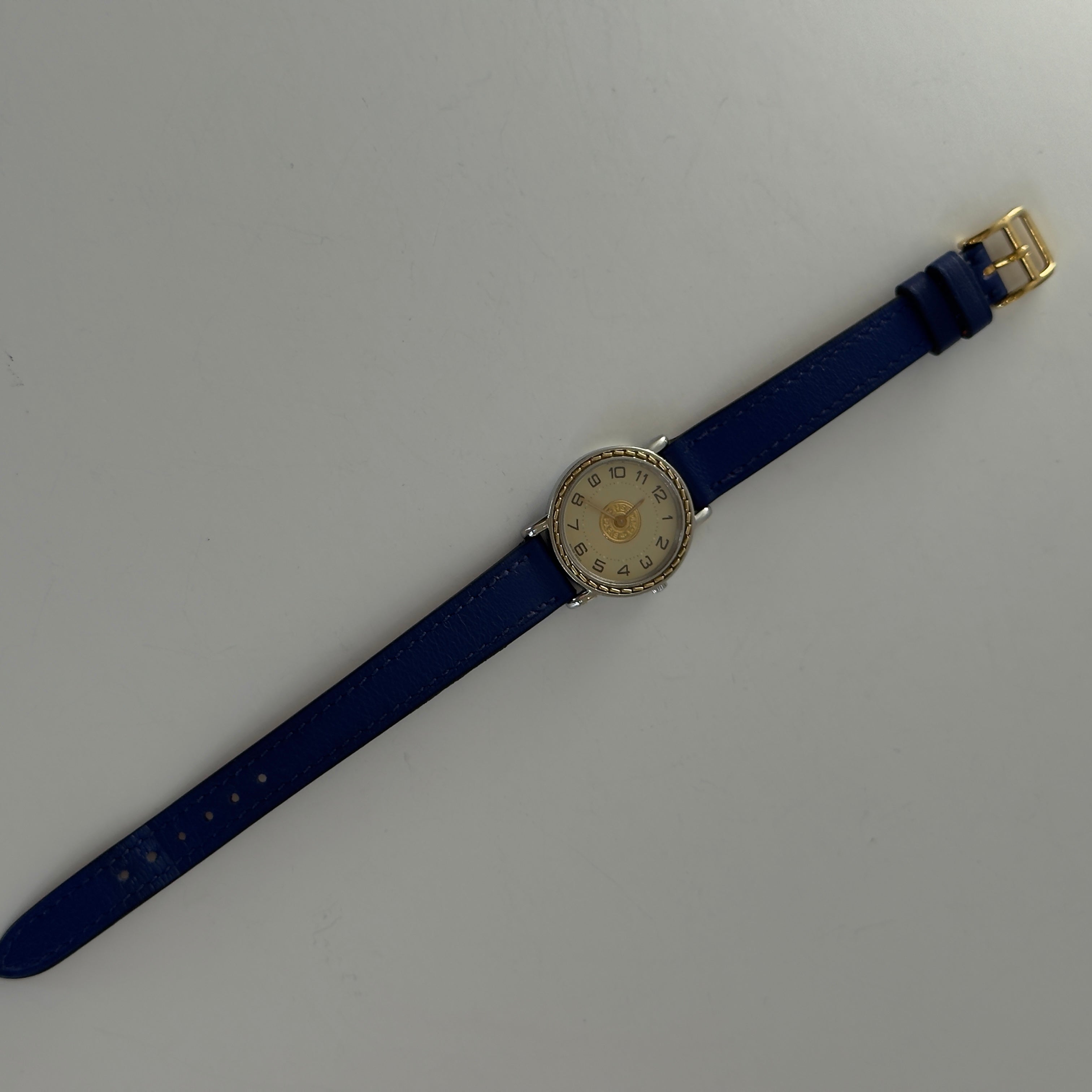 Hermes Gold Plated Sellier Watch With Blue Leather Strap - Queen May