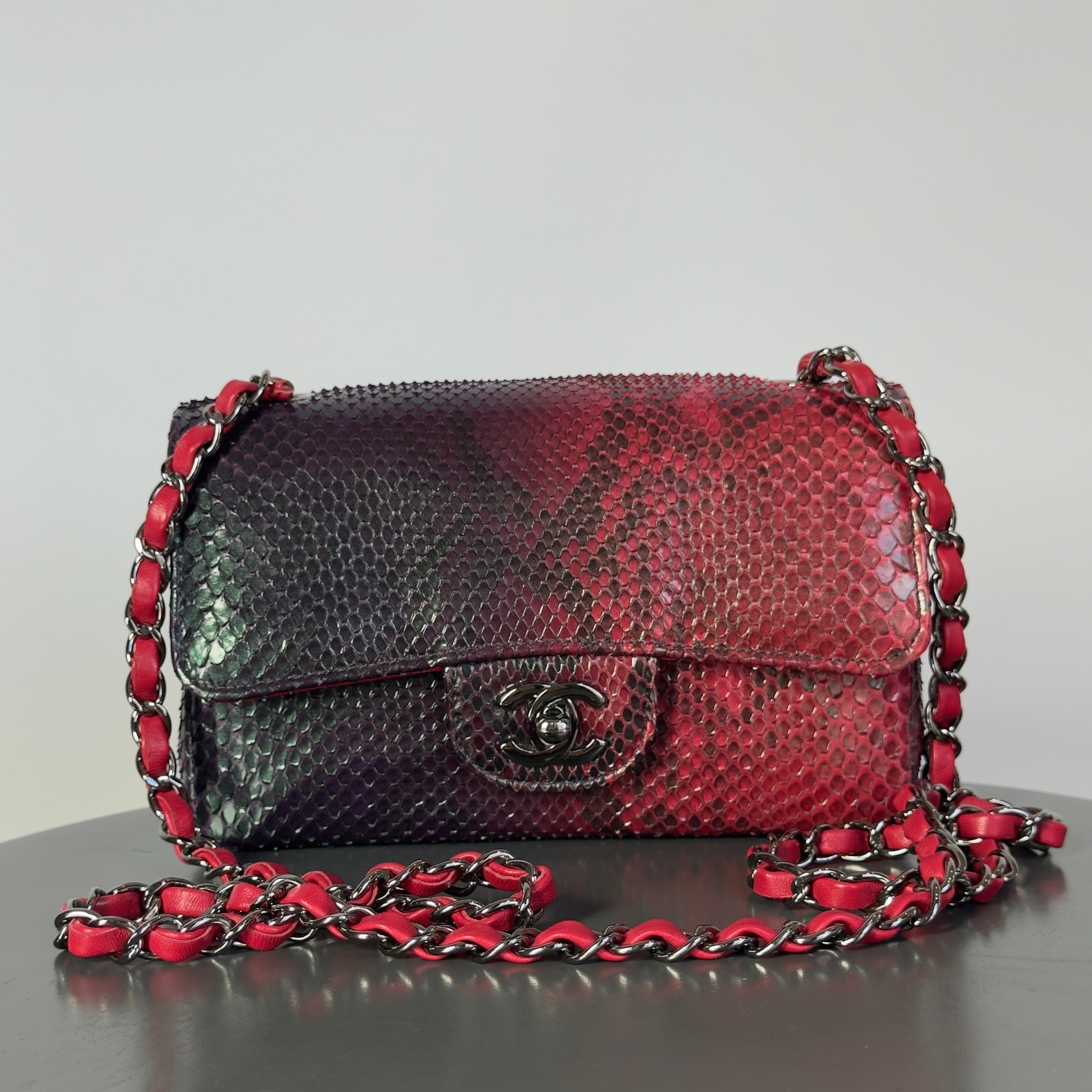Chanel Mini Rectangular Flap Bag Red and Black Python Ruthenium Tone Hardware - Queen May