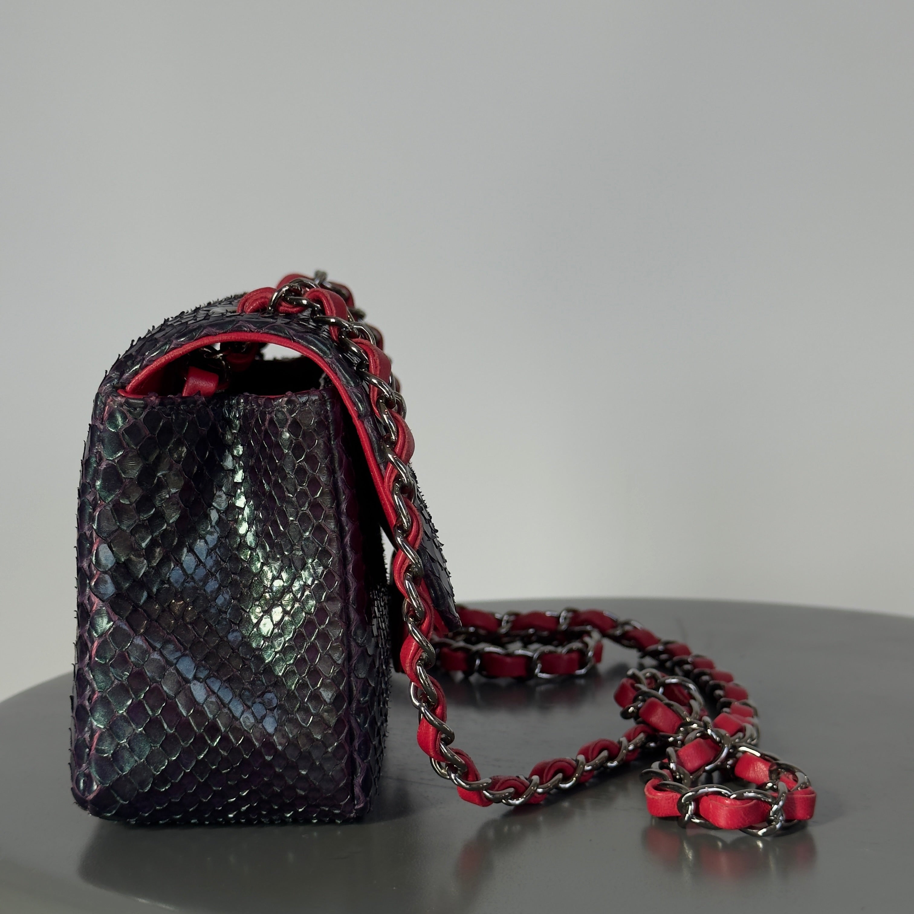 Chanel Mini Rectangular Flap Bag Red and Black Python Ruthenium Tone Hardware - Queen May