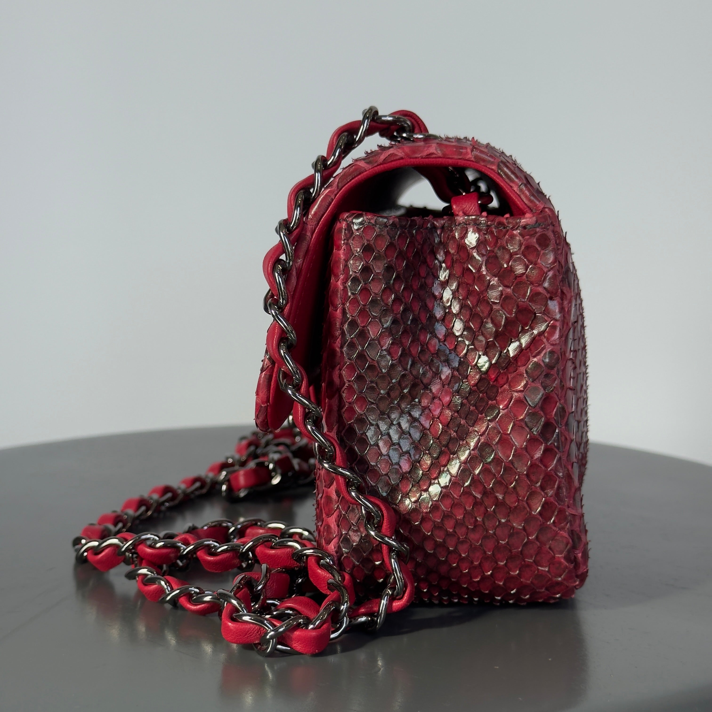 Chanel Mini Rectangular Flap Bag Red and Black Python Ruthenium Tone Hardware - Queen May