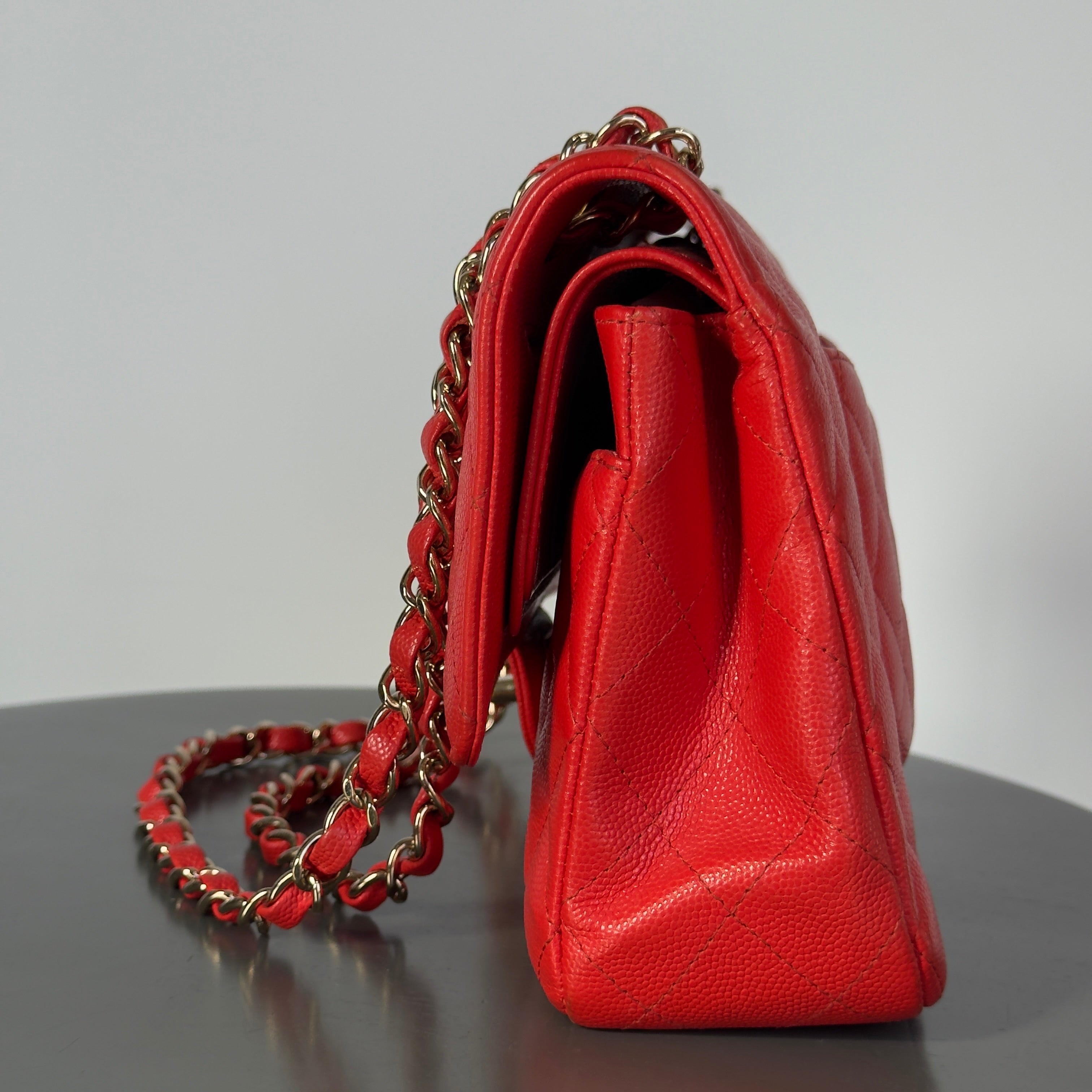 Chanel Caviar Quilted Medium Double Flap 2019 Red Orange Light Gold Hardware - Queen May