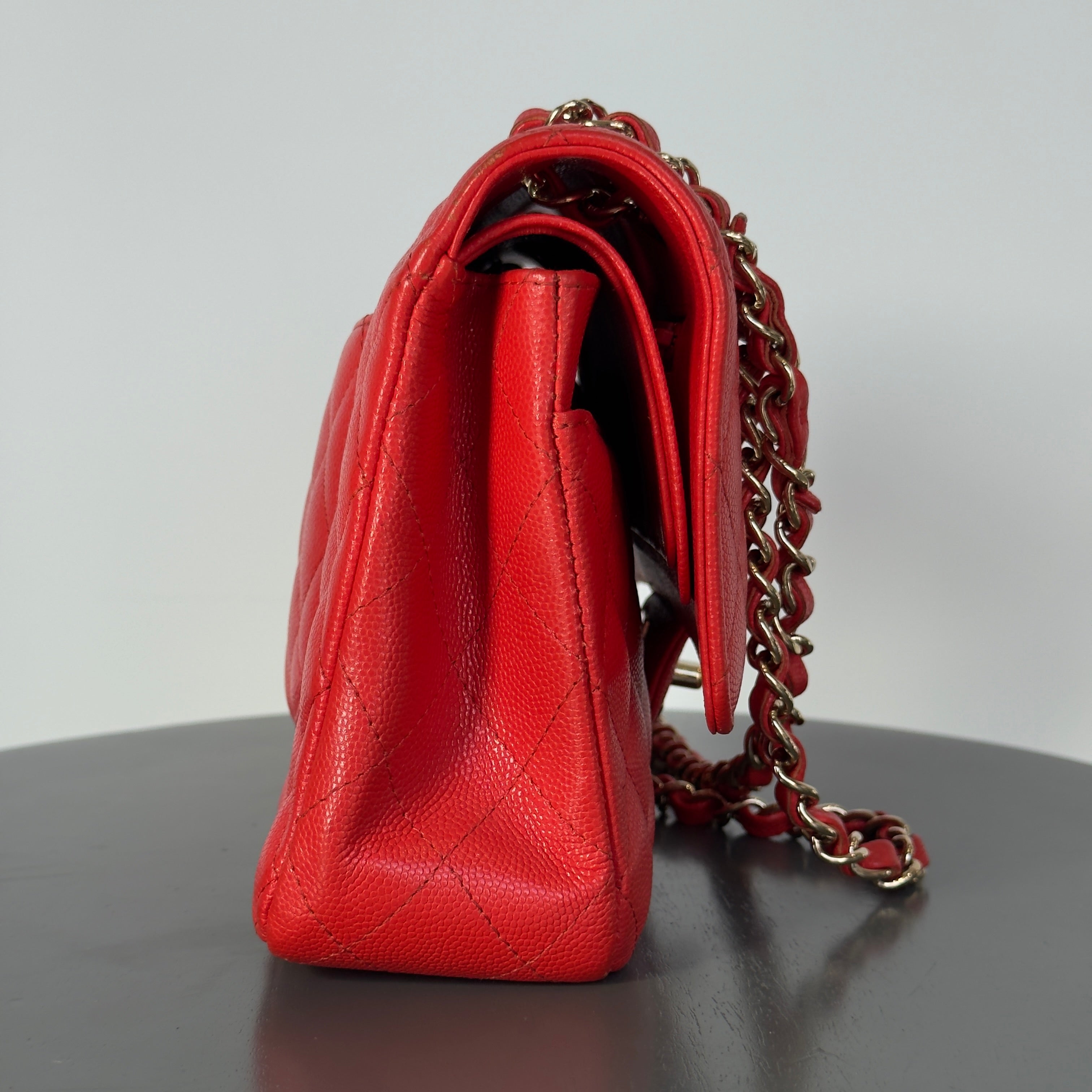 Chanel Caviar Quilted Medium Double Flap 2019 Red Orange Light Gold Hardware - Queen May