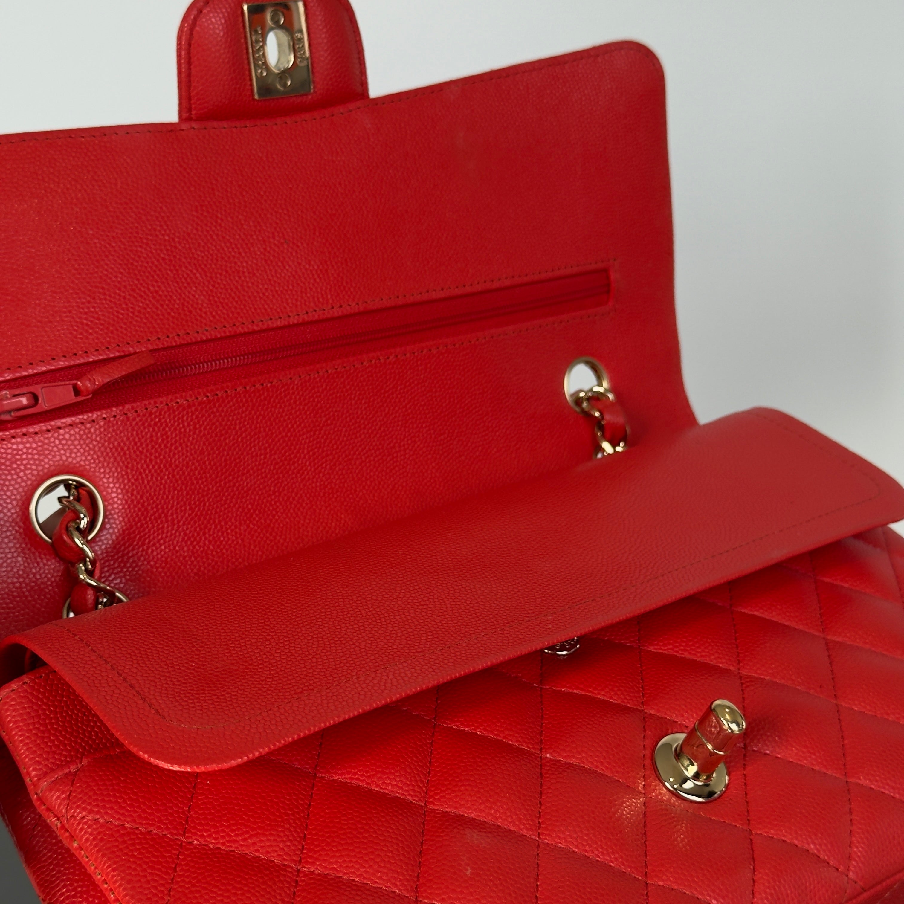 Chanel Caviar Quilted Medium Double Flap 2019 Red Orange Light Gold Hardware - Queen May