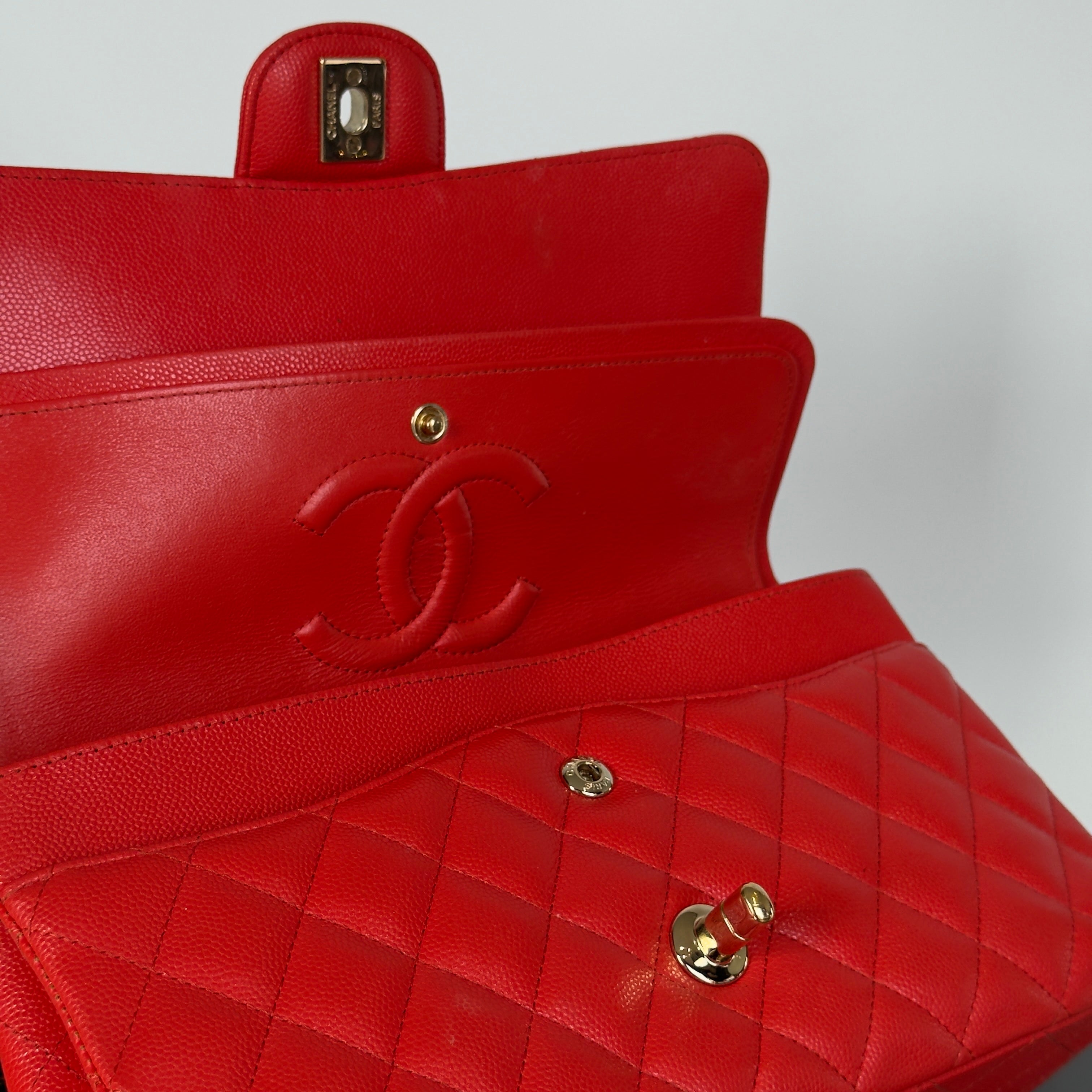 Chanel Caviar Quilted Medium Double Flap 2019 Red Orange Light Gold Hardware - Queen May