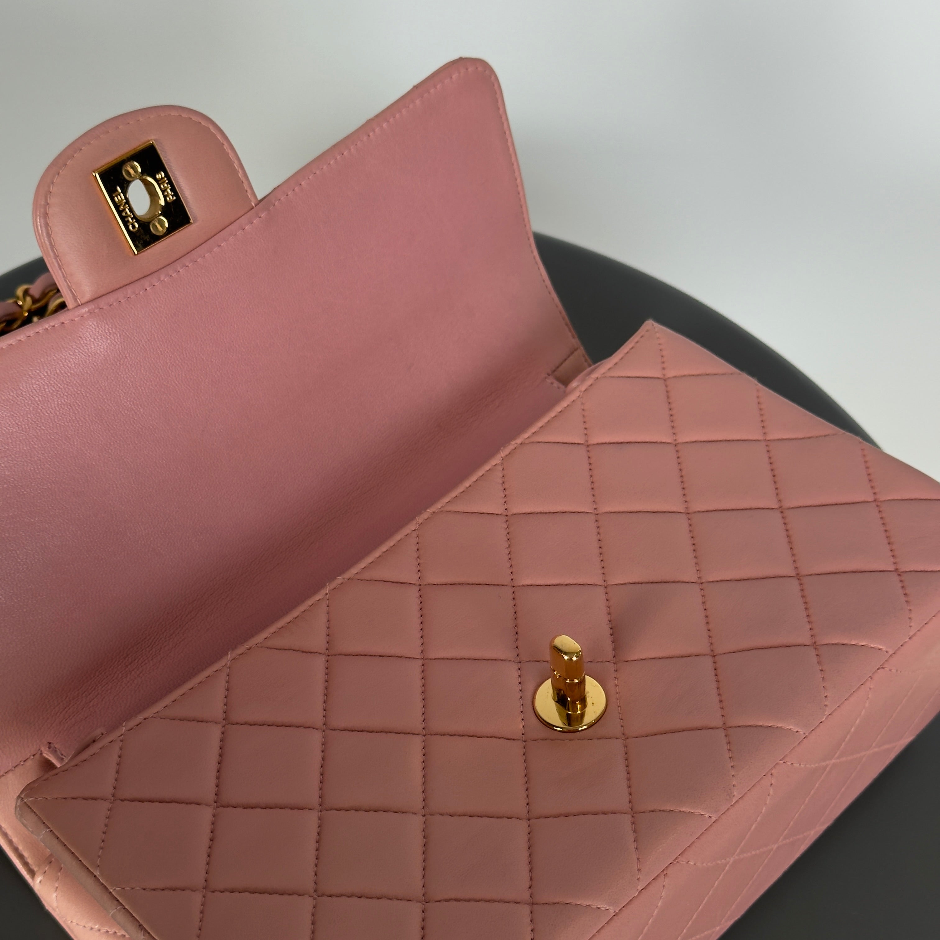 Rare Chanel Pink Lambskin Double Turnlock Flap Bag - Queen May