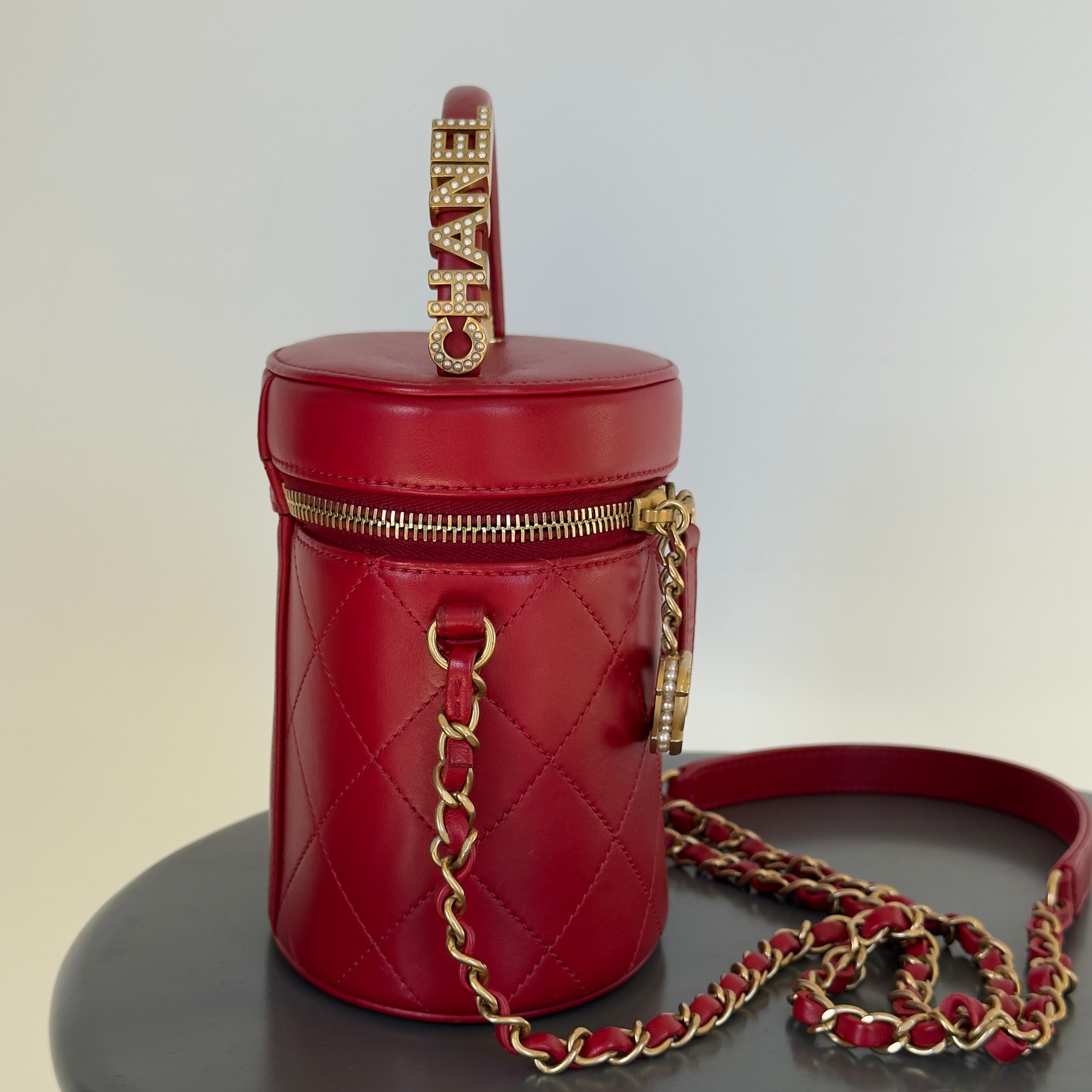 Chanel Pearl Logo Red Top Handle Vanity Case With Chain - Queen May