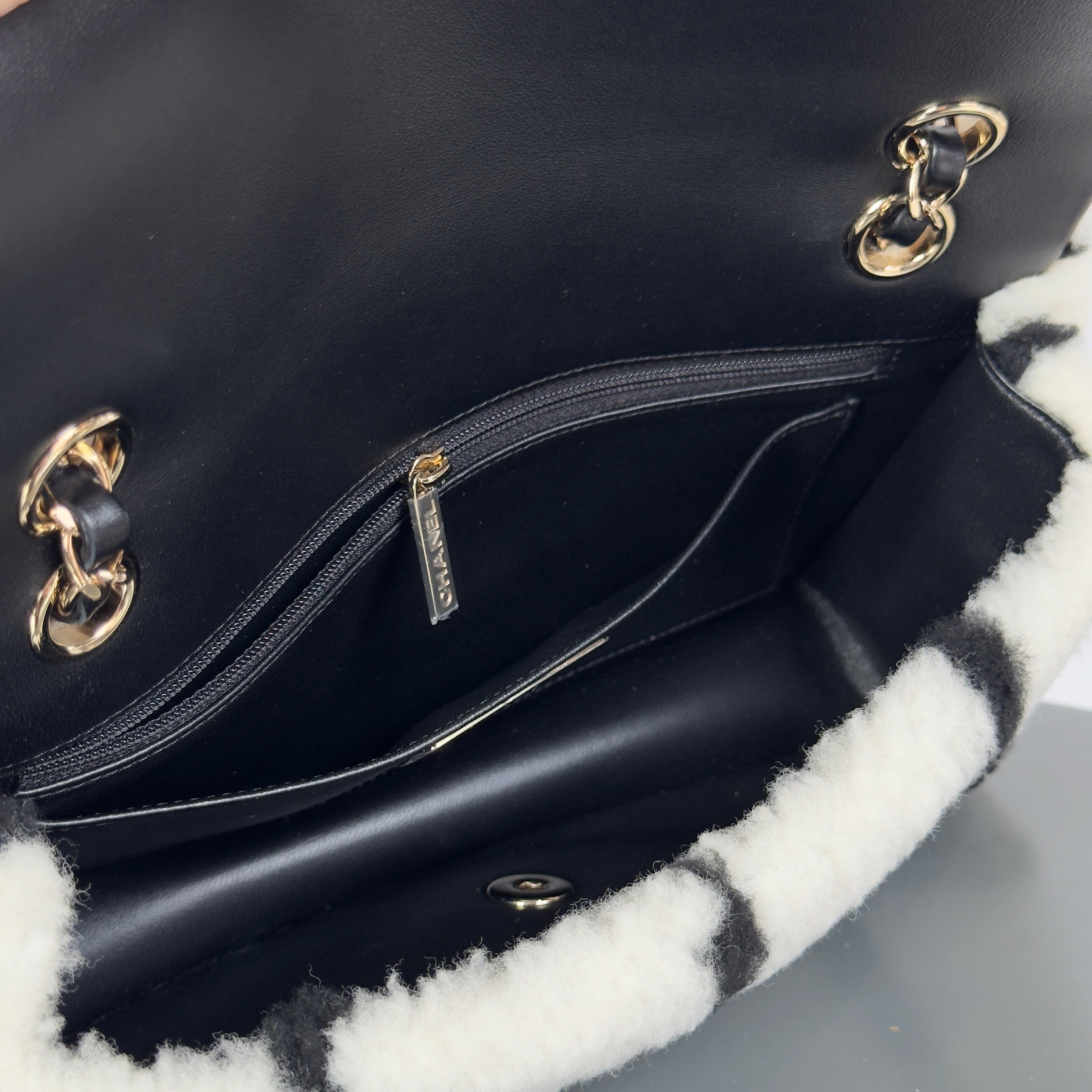 Chanel Black and White Shearling Flap - Queen May