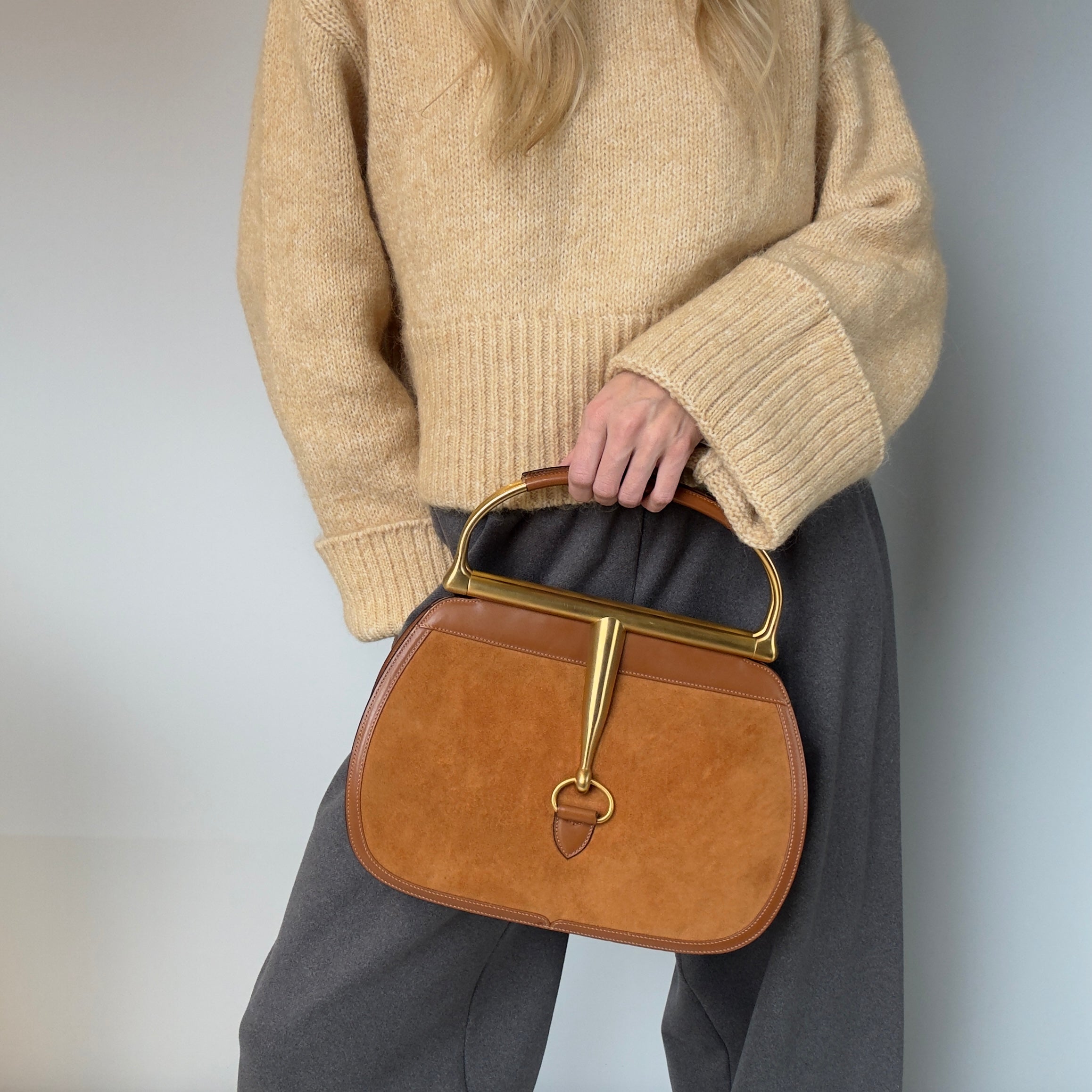 Gucci By Tom Ford 2000-2001 Snafflebit Frame Top Handle Bag Camel Suede & Smooth Tan Calf Leather - Queen May