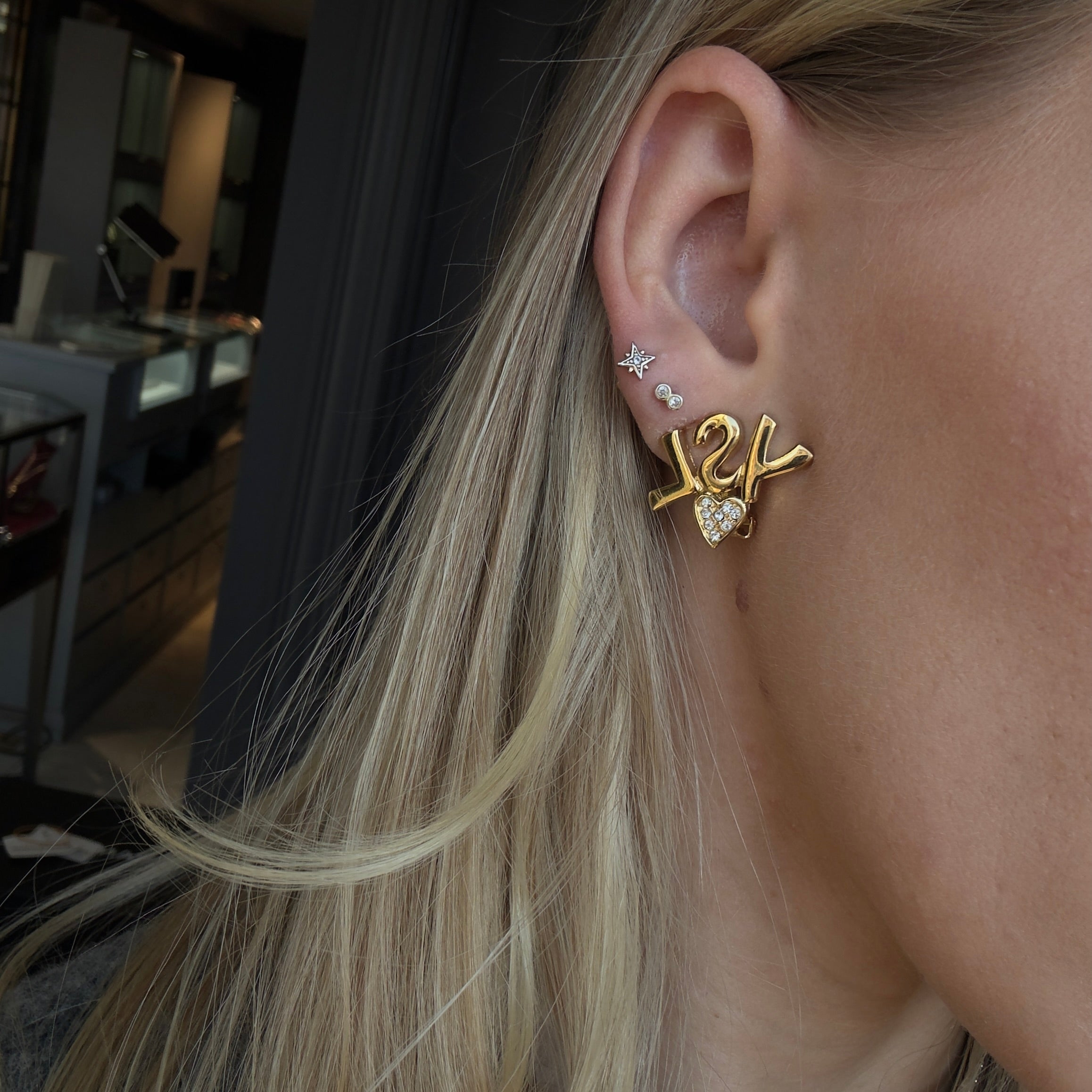 Yves Saint Laurent Vintage YSL Logo Heart Rhinestone Gold Tone Clip On Earrings - Queen May