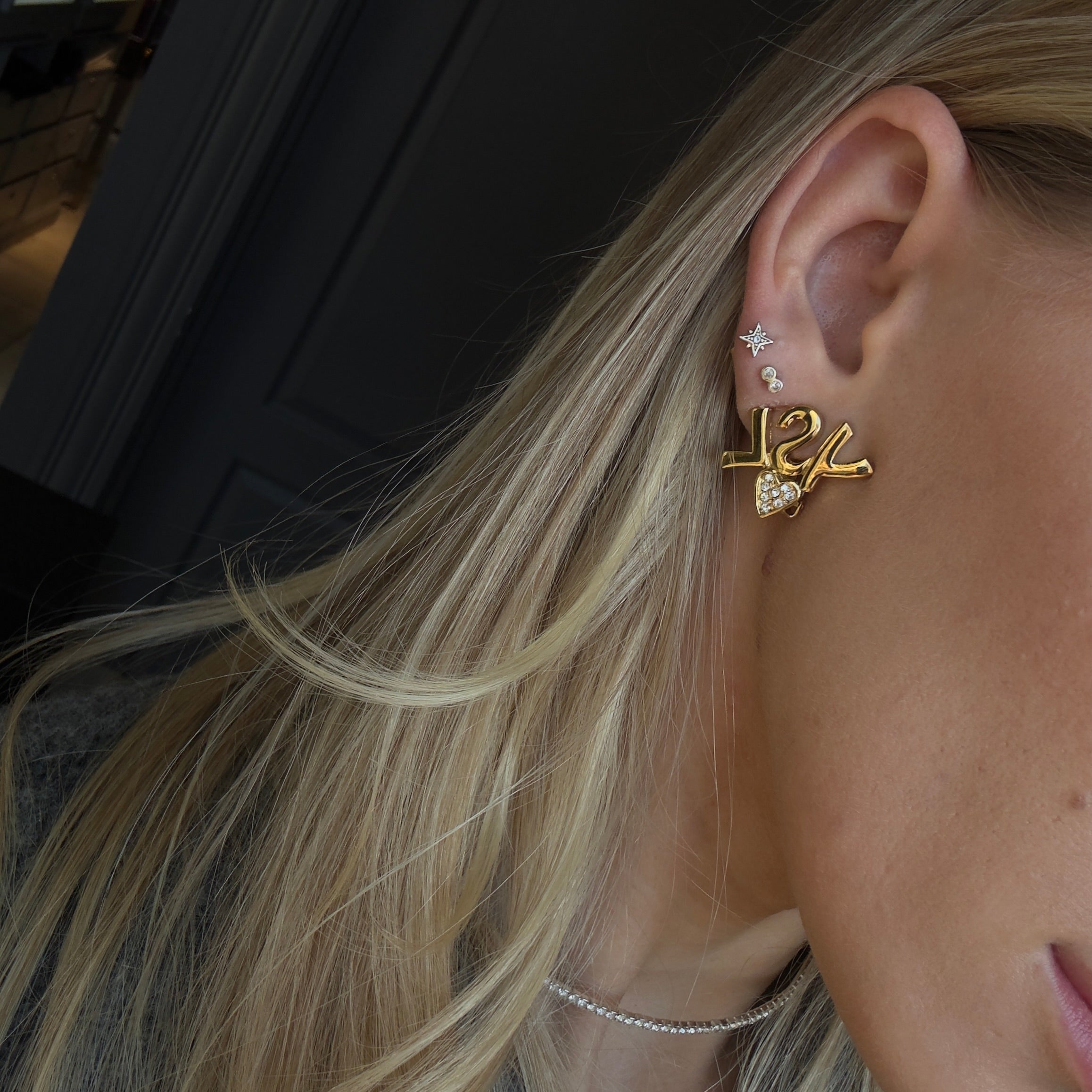 Yves Saint Laurent Vintage YSL Logo Heart Rhinestone Gold Tone Clip On Earrings - Queen May
