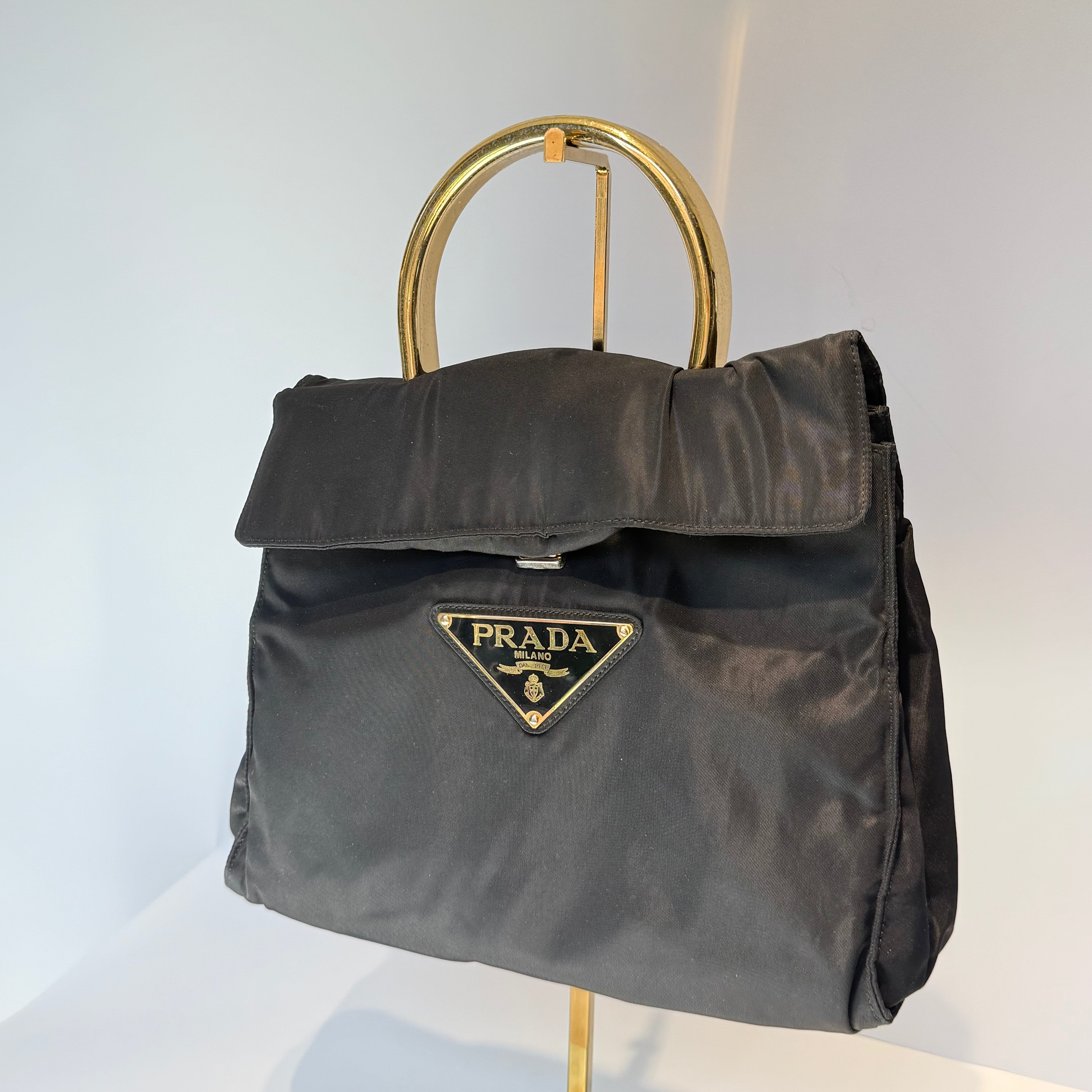 Prada Tessuto Nylon Gold Metal Handle Large Logo - Queen May