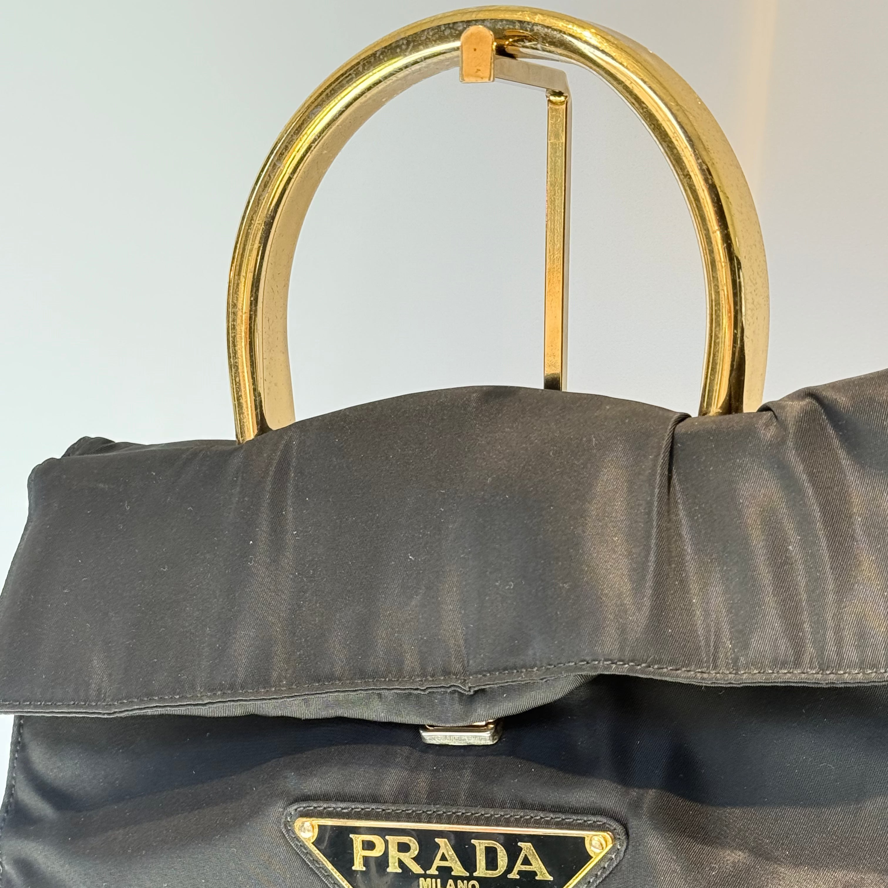 Prada Tessuto Nylon Gold Metal Handle Large Logo - Queen May