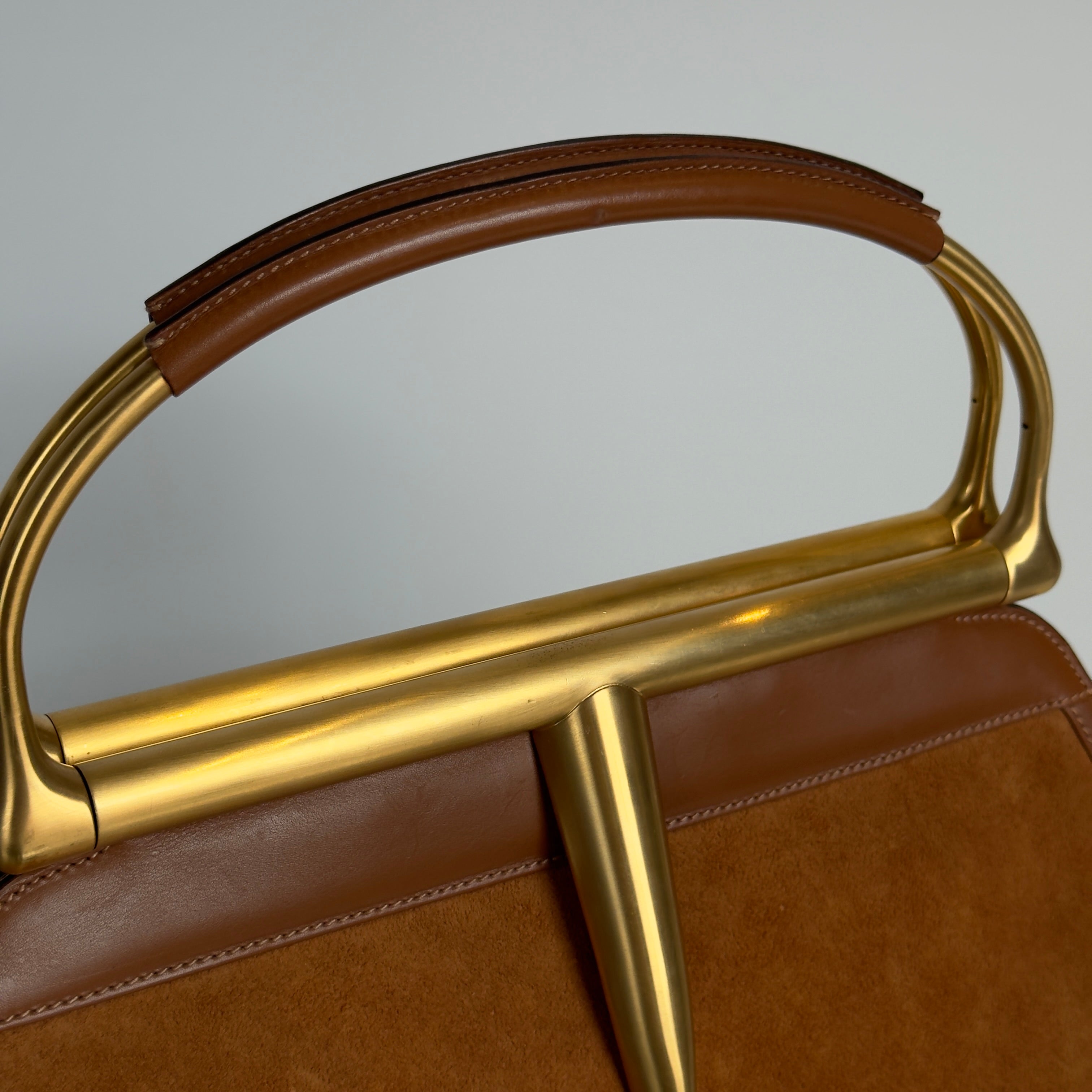 Gucci By Tom Ford 2000-2001 Snafflebit Frame Top Handle Bag Camel Suede & Smooth Tan Calf Leather - Queen May