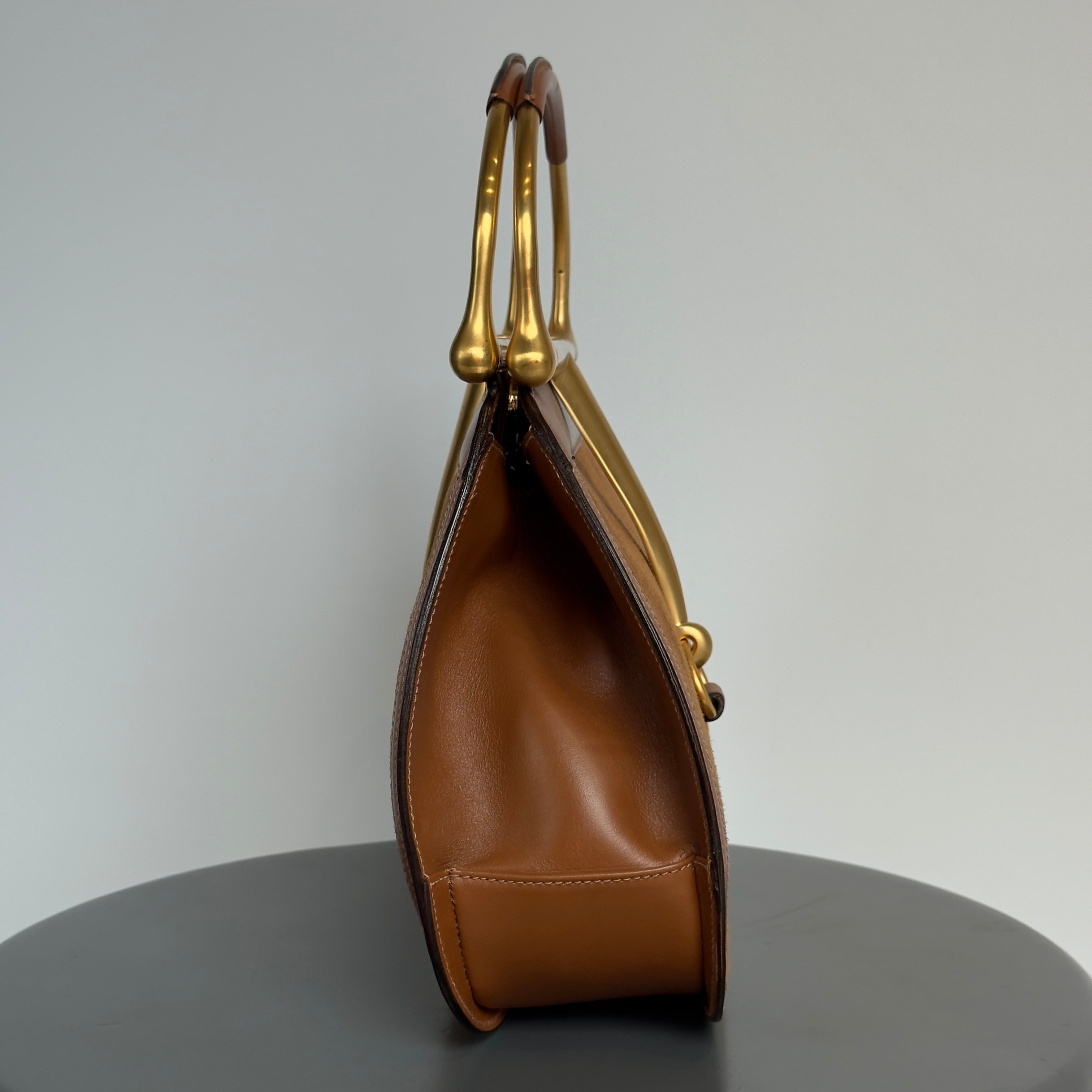 Gucci By Tom Ford 2000-2001 Snafflebit Frame Top Handle Bag Camel Suede & Smooth Tan Calf Leather - Queen May