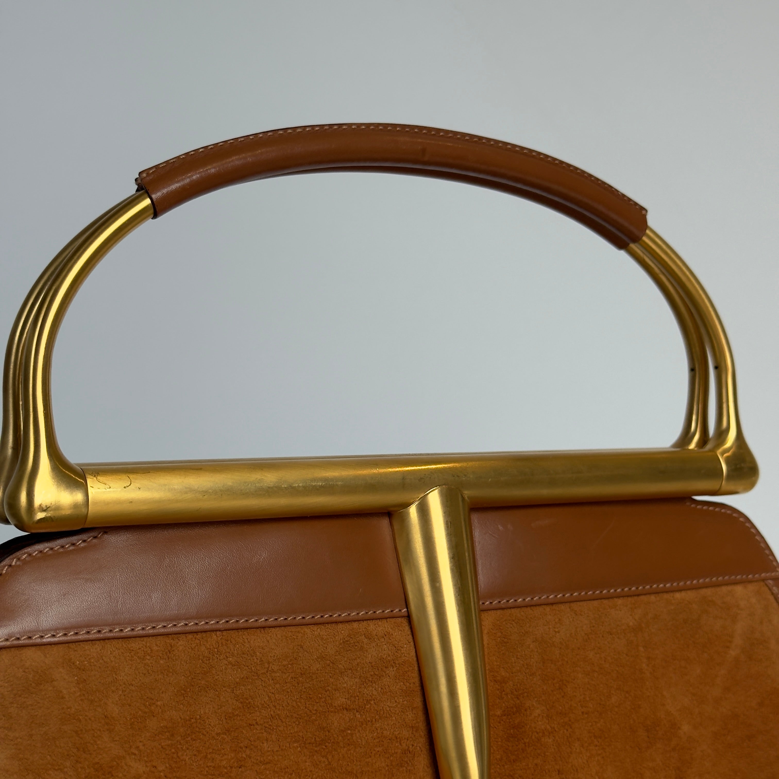 Gucci By Tom Ford 2000-2001 Snafflebit Frame Top Handle Bag Camel Suede & Smooth Tan Calf Leather - Queen May