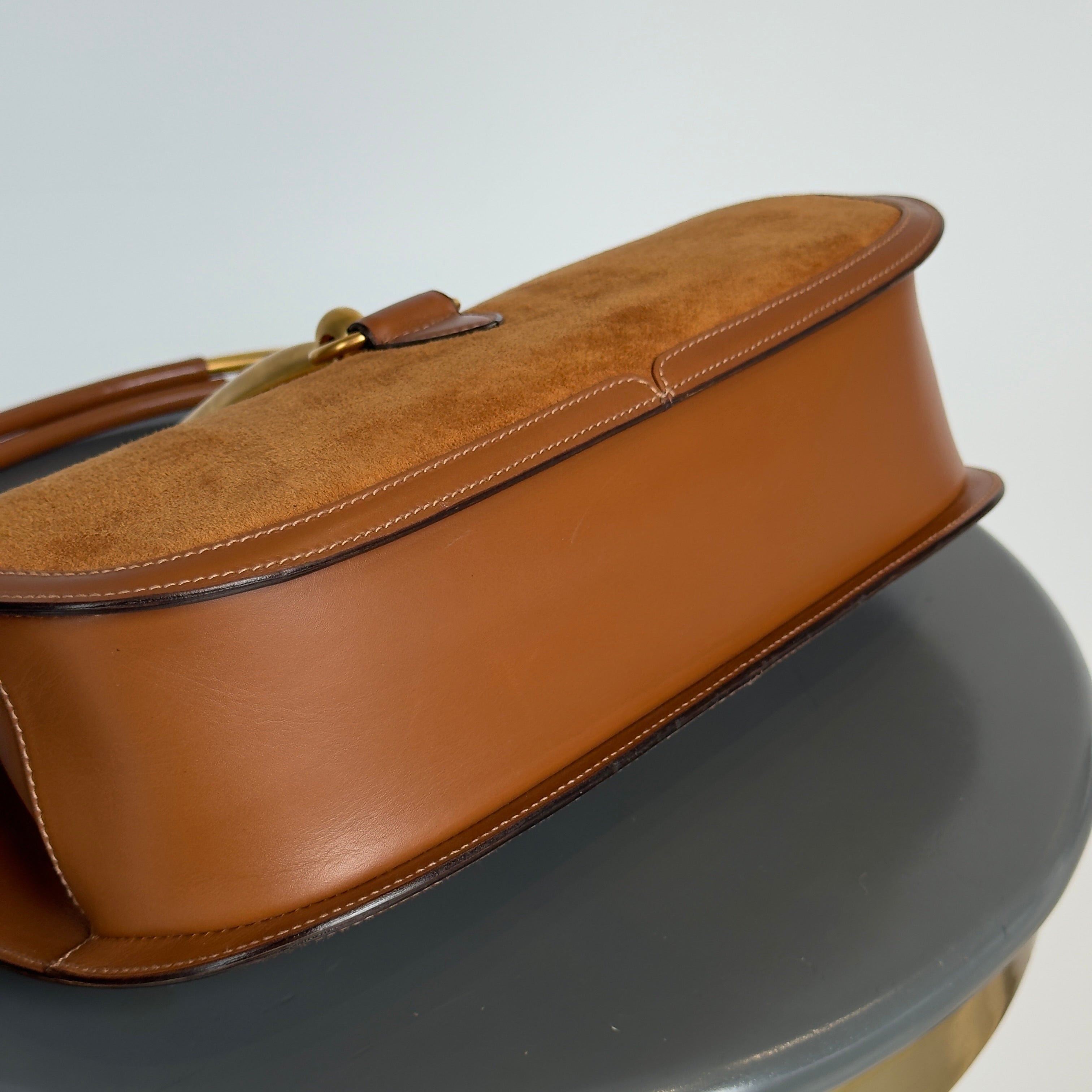 Gucci By Tom Ford 2000-2001 Snafflebit Frame Top Handle Bag Camel Suede & Smooth Tan Calf Leather - Queen May