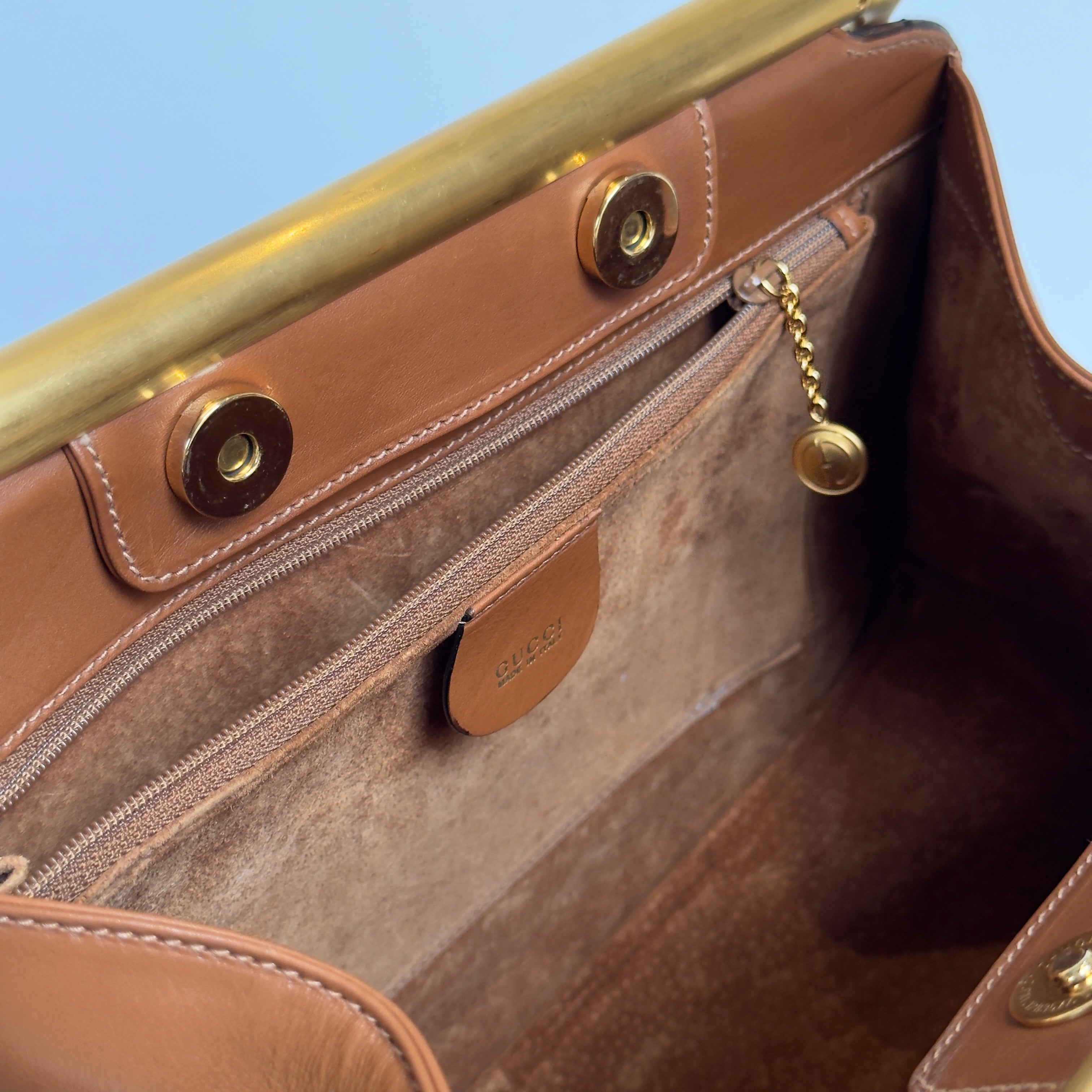 Gucci By Tom Ford 2000-2001 Snafflebit Frame Top Handle Bag Camel Suede & Smooth Tan Calf Leather - Queen May