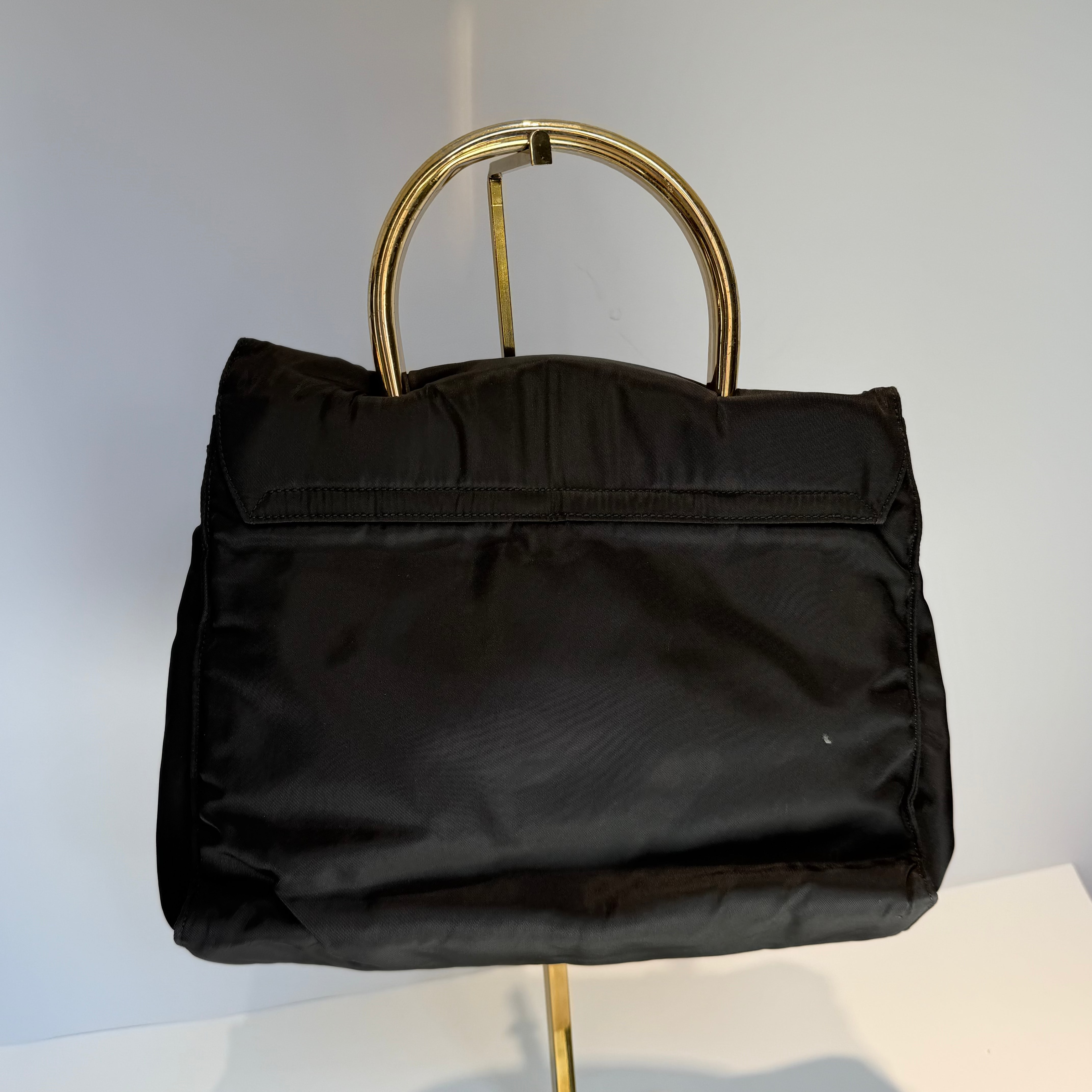 Prada Tessuto Nylon Gold Metal Handle Large Logo - Queen May