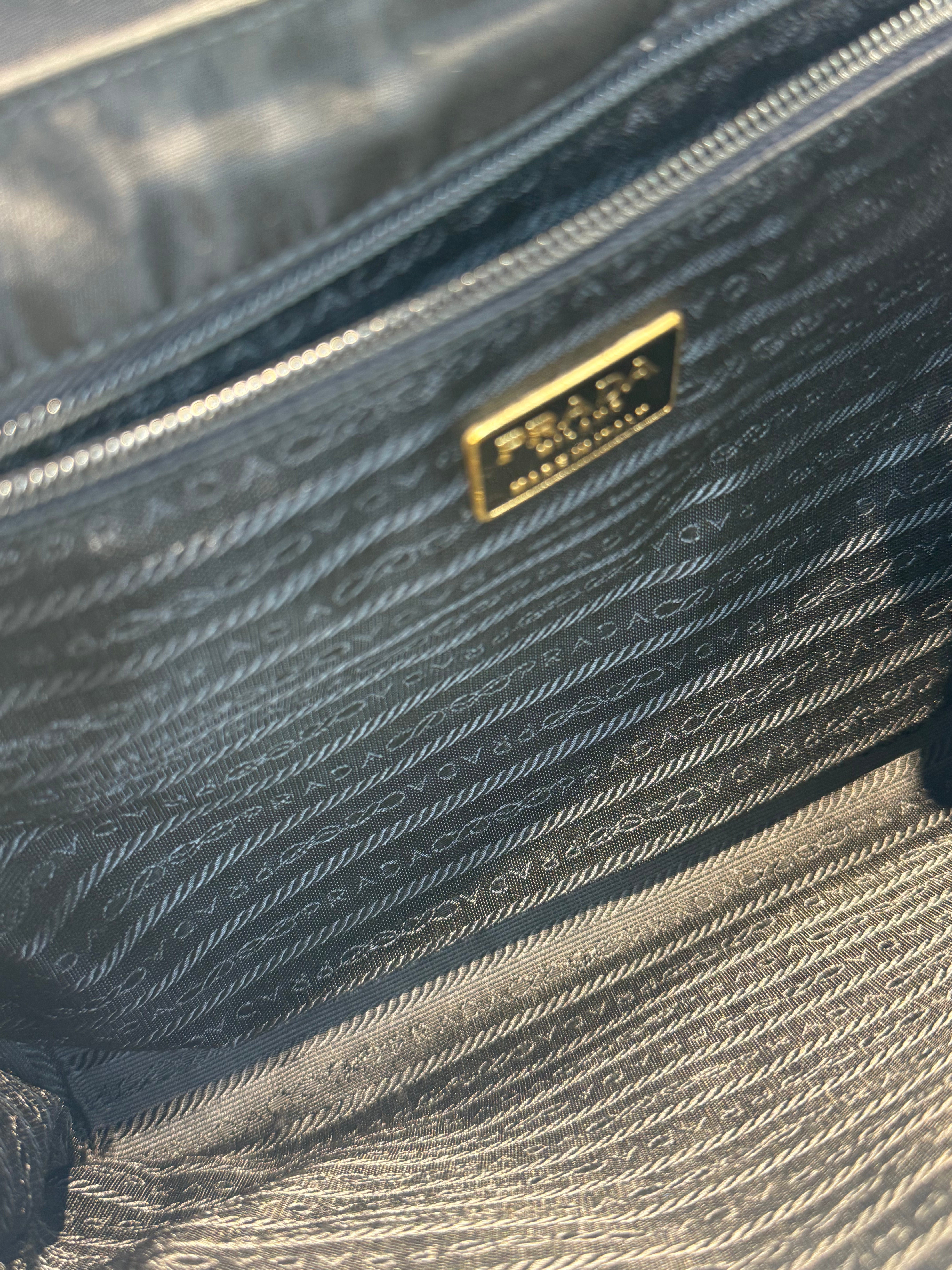 Prada Tessuto Nylon Gold Metal Handle Large Logo - Queen May
