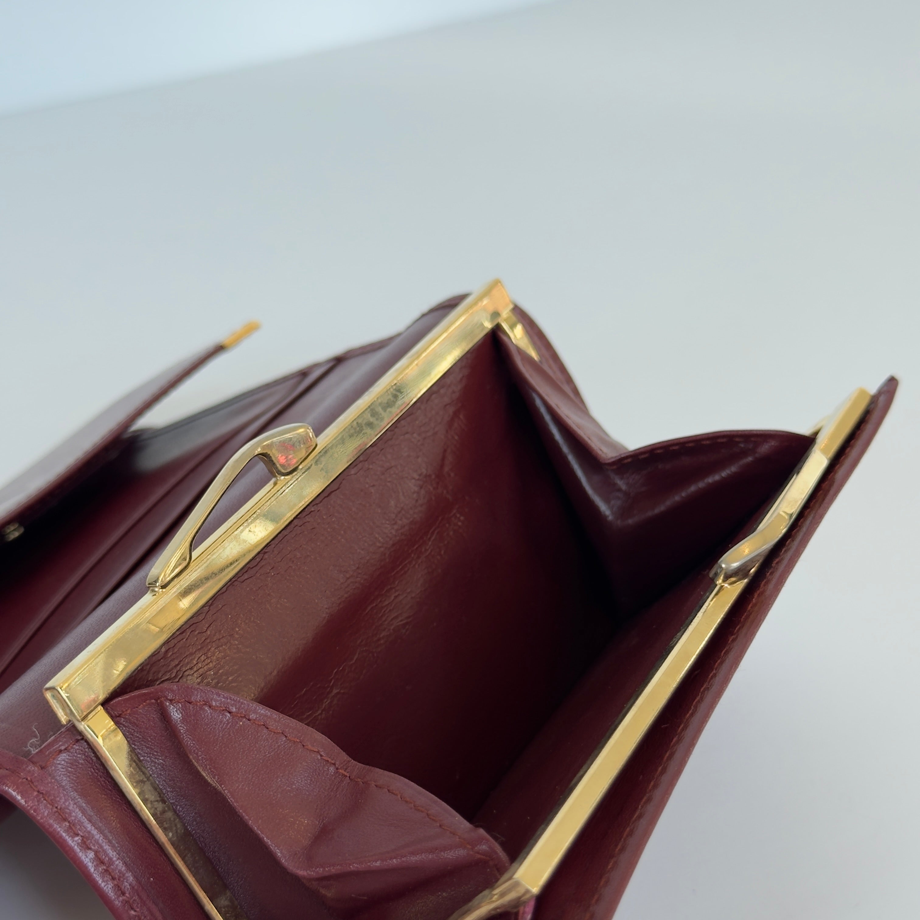 Cartier Paris Logo Kiss Lock Burgundy Tri Fold Wallet - Queen May